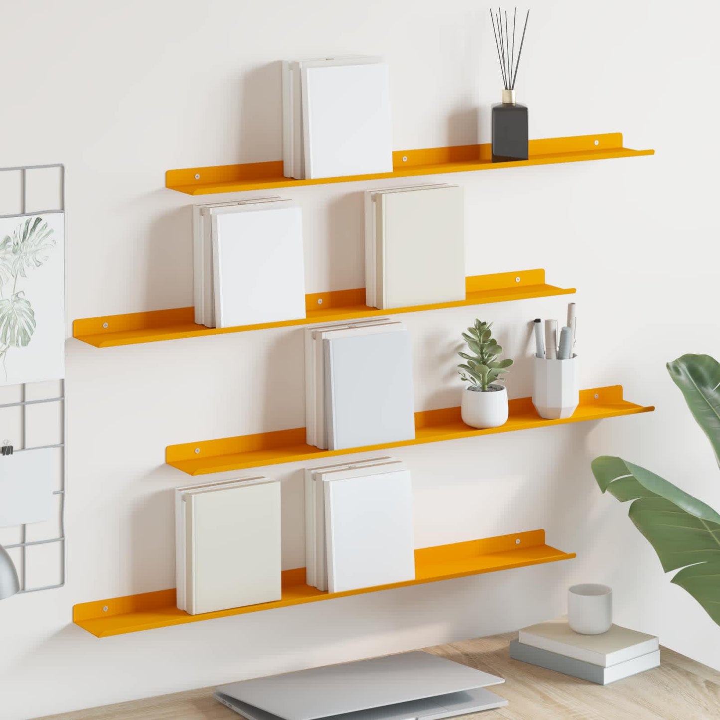 Flytende hylle 4 pcs Sennepsgul 80 x 9 x 2,5 cm Stål