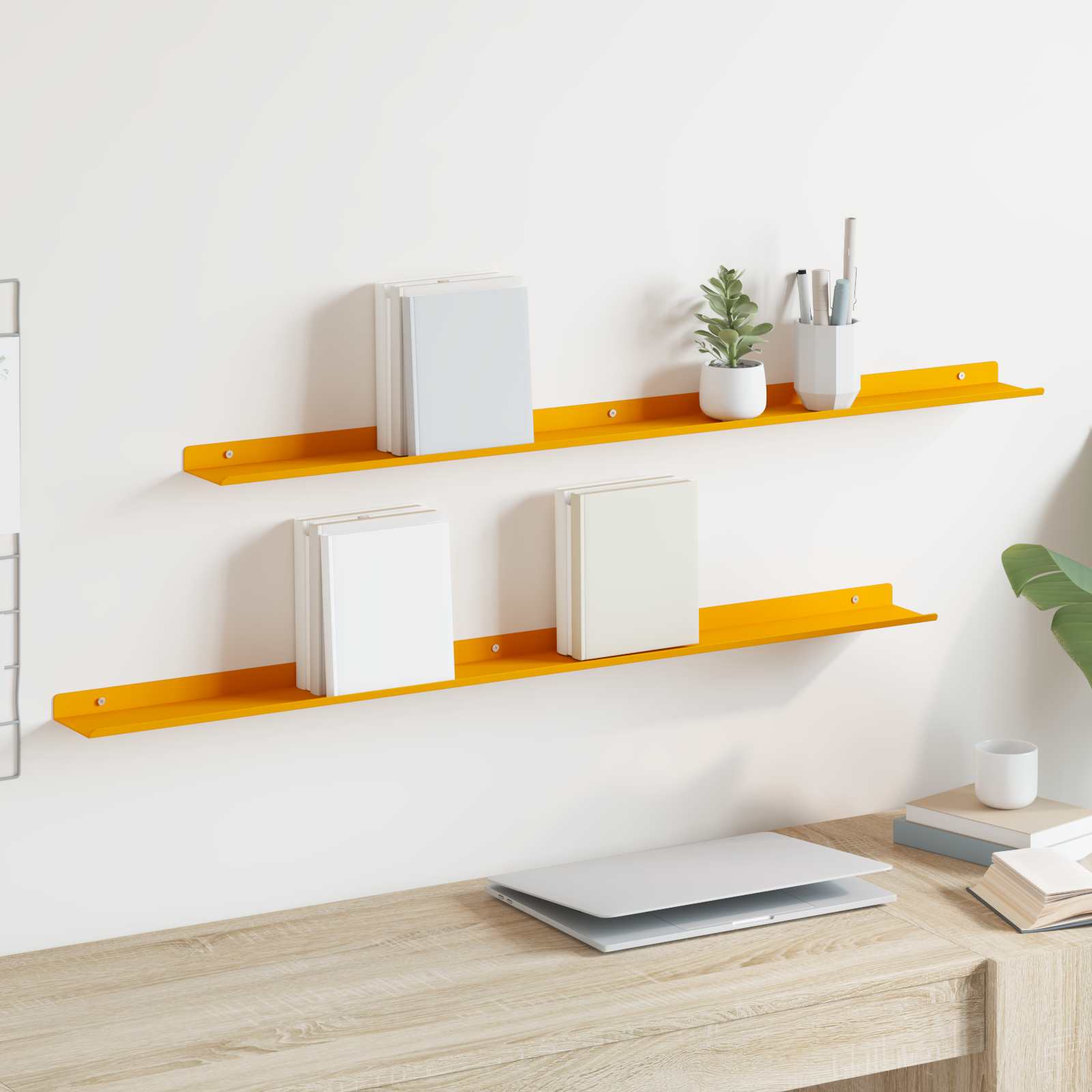 Vegghylle med hylle 2 pcs Sennepsgul 100 x 9 x 2,5 cm vidaXL