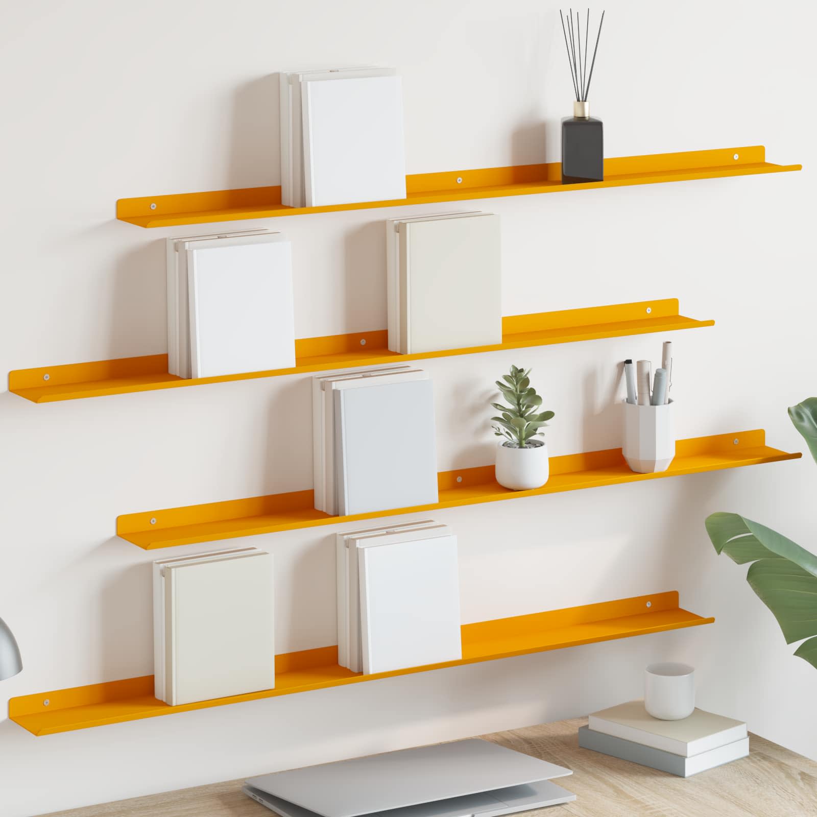 Vegghylle med hylle 4 pcs Sennepsgul 100 x 9 x 2,5 cm vidaXL