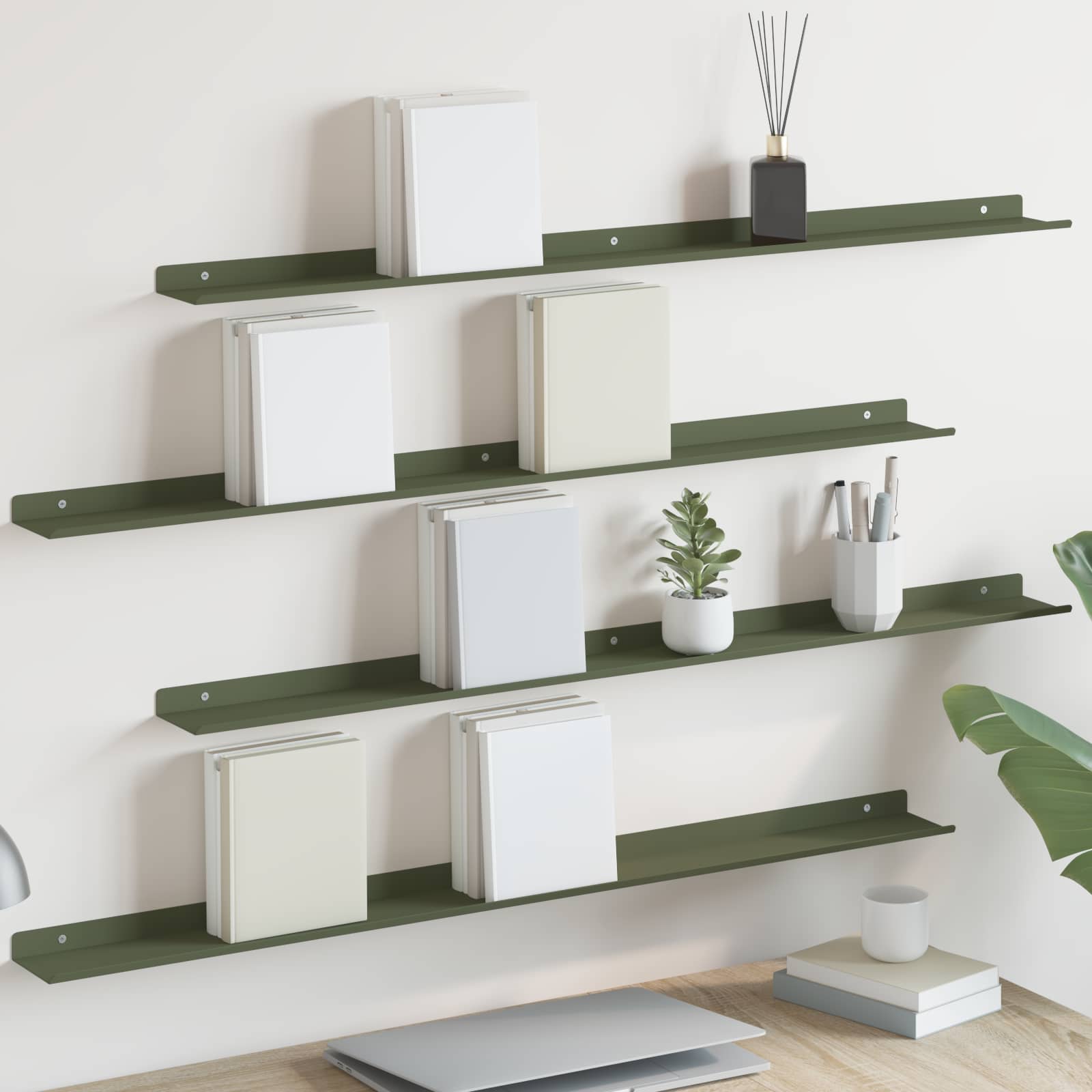 Vegghylle med hylle 4 pcs Olivengrønn 100 x 9 x 2,5 cm vidaXL