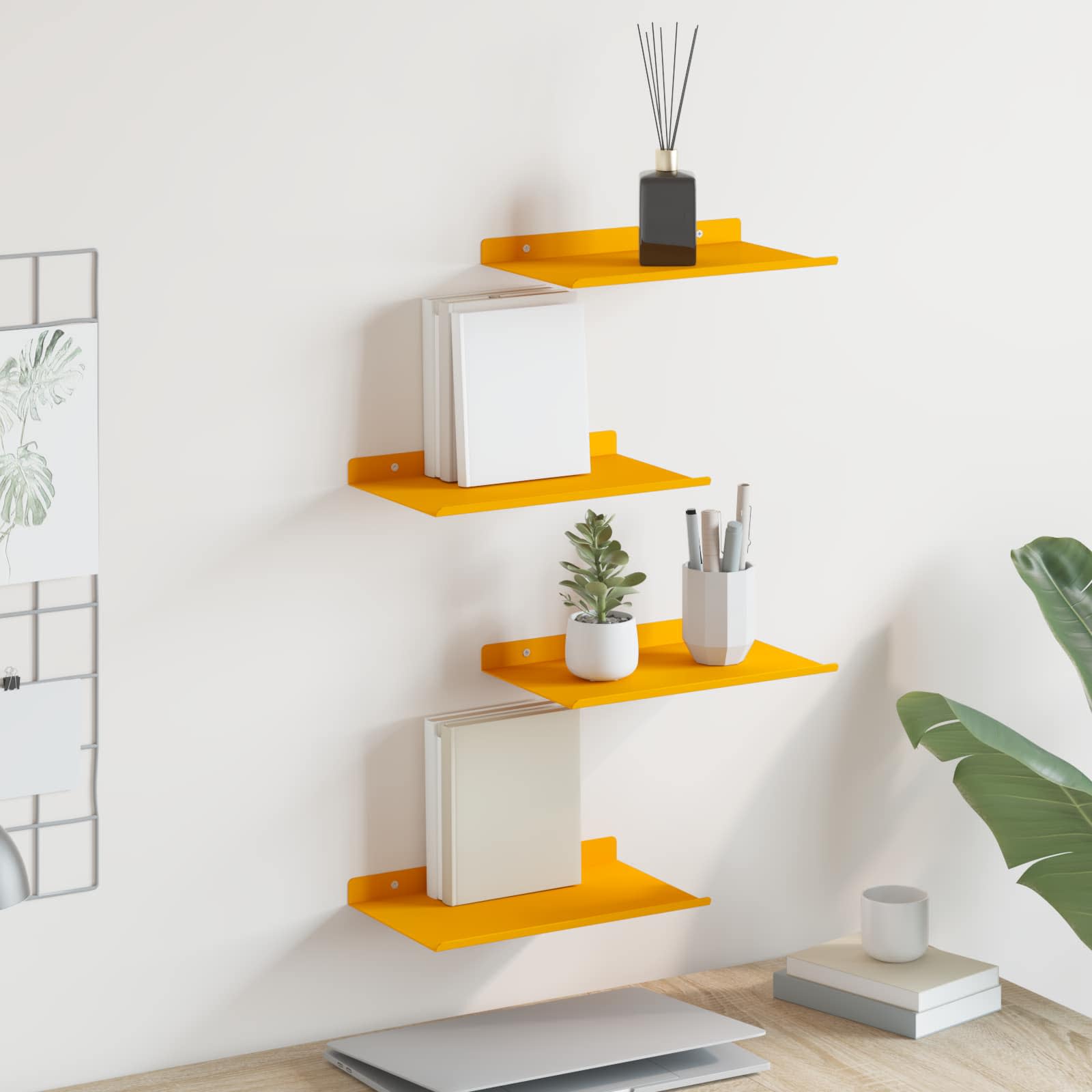 Vegghylle med hylle 4 pcs Sennepsgul 30 x 18 x 2,5 cm vidaXL