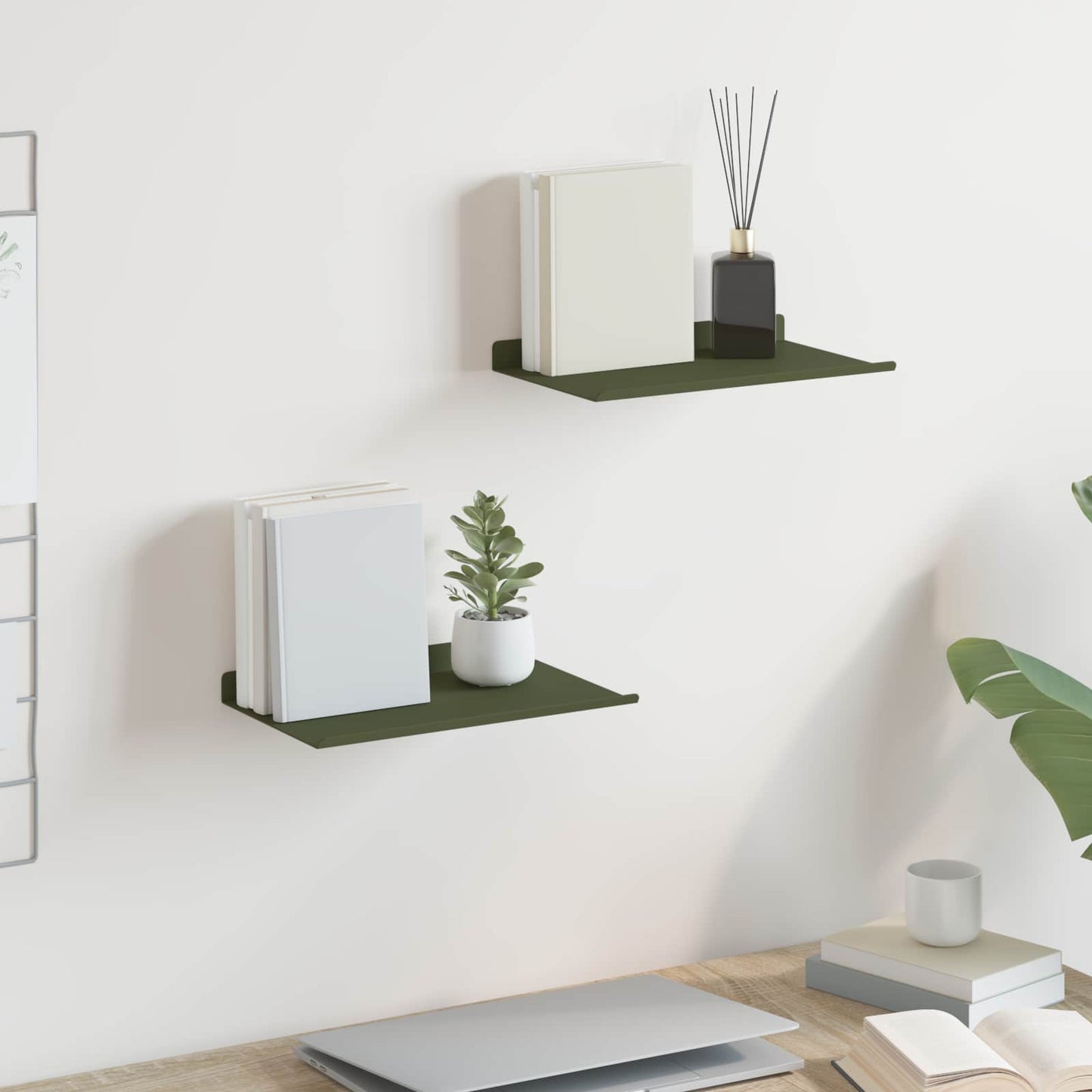Vegghylle med hylle 2 pcs Olivengrønn 30 x 18 x 2,5 cm vidaXL