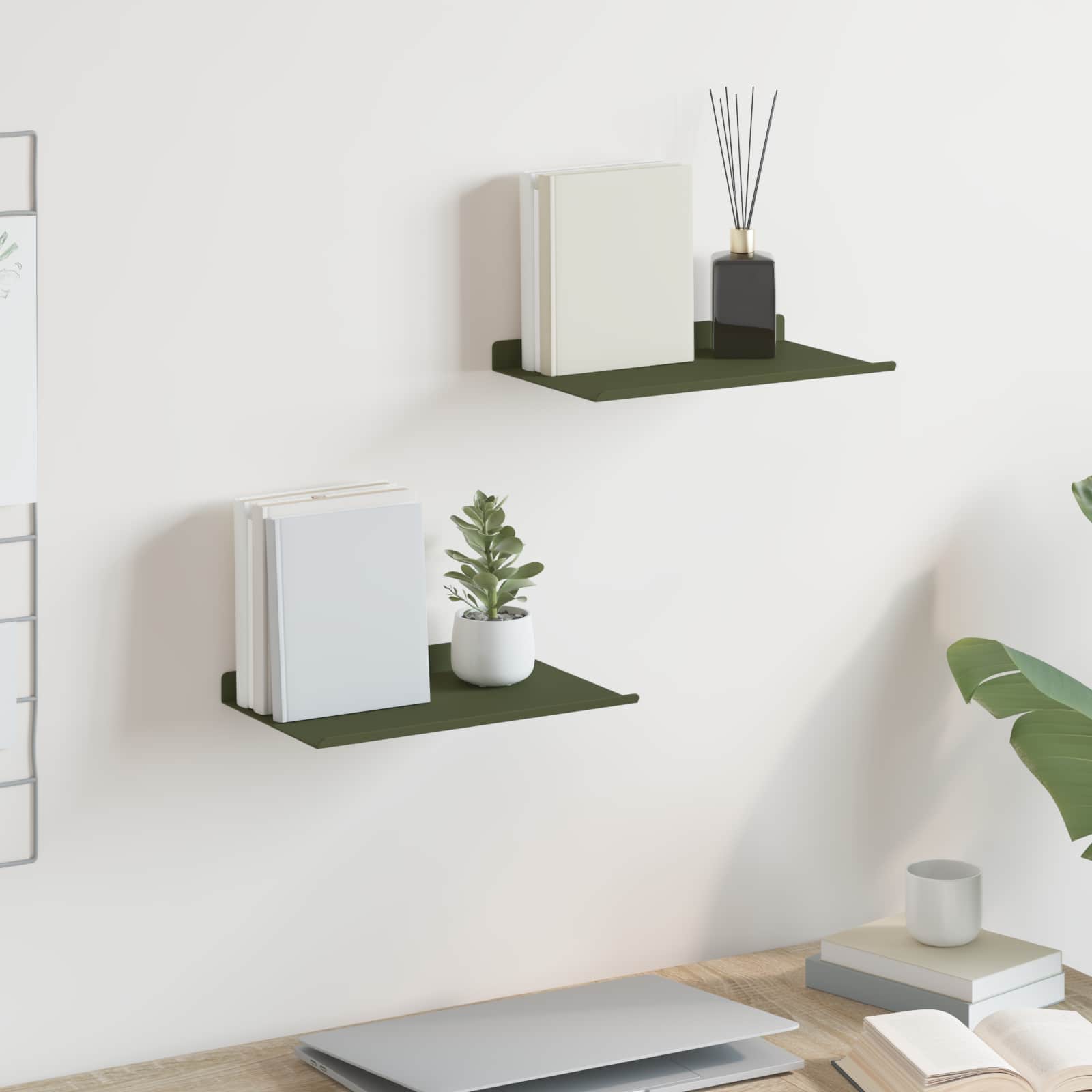 Vegghylle med hylle 2 pcs Olivengrønn 30 x 18 x 2,5 cm vidaXL