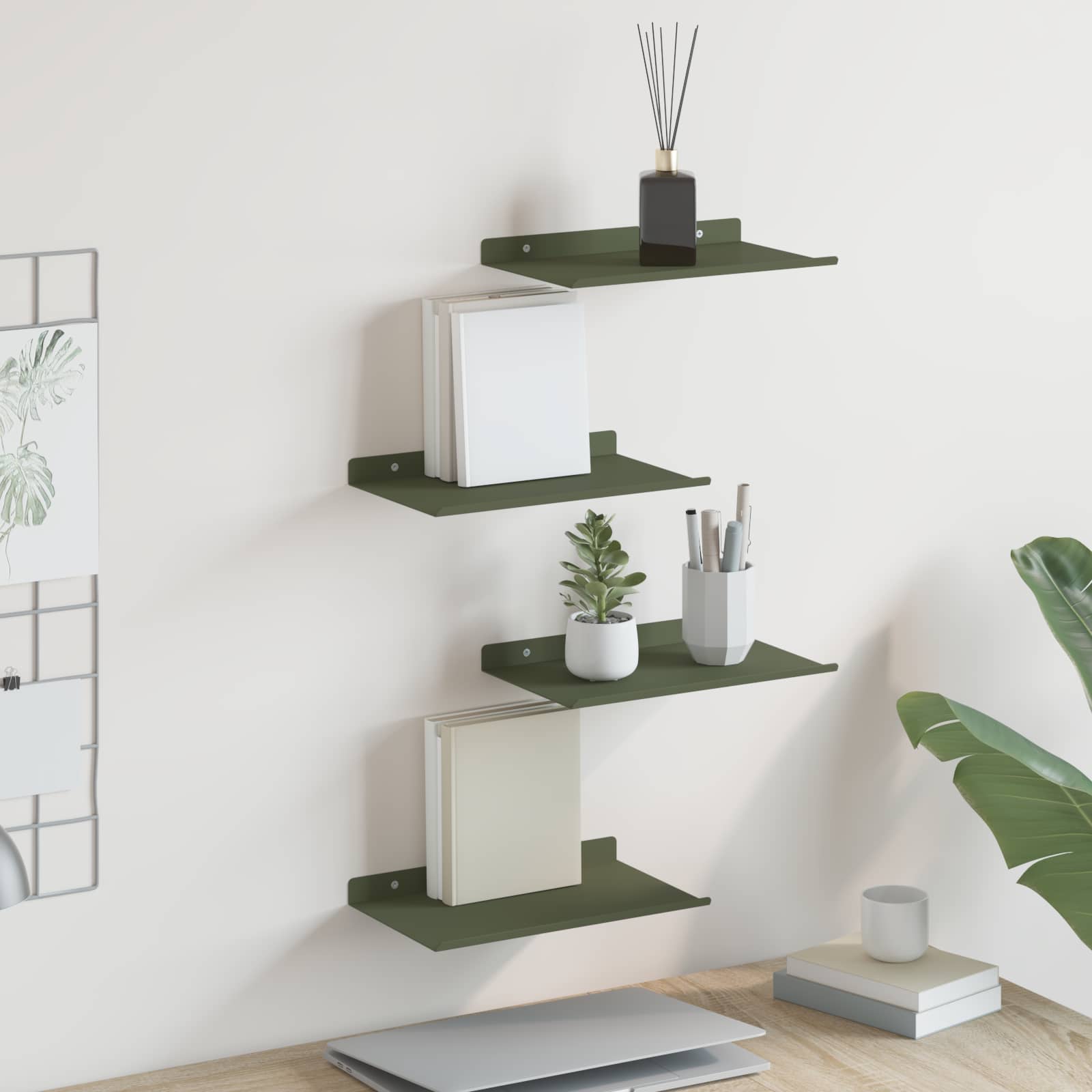 Vegghylle med hylle 4 pcs Olivengrønn 30 x 18 x 2,5 cm vidaXL