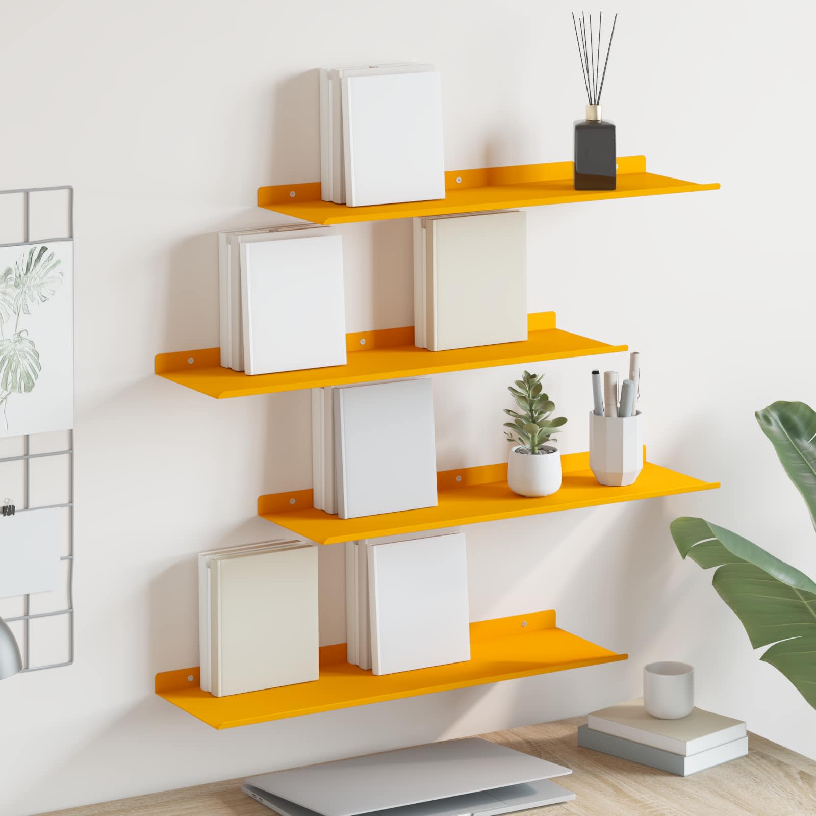 Vegghylle med hylle 4 pcs Sennepsgul 60 x 18 x 2,5 cm vidaXL