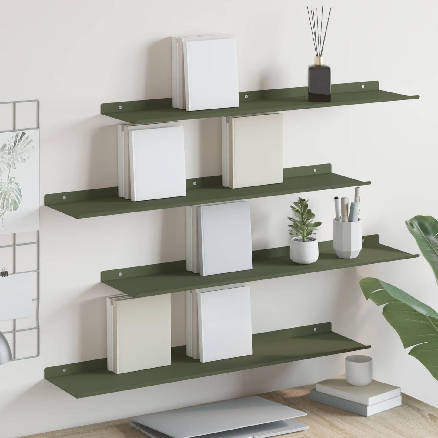 Vegghylle med hylle 4 pcs Olivengrønn 80 x 18 x 2,5 cm vidaXL