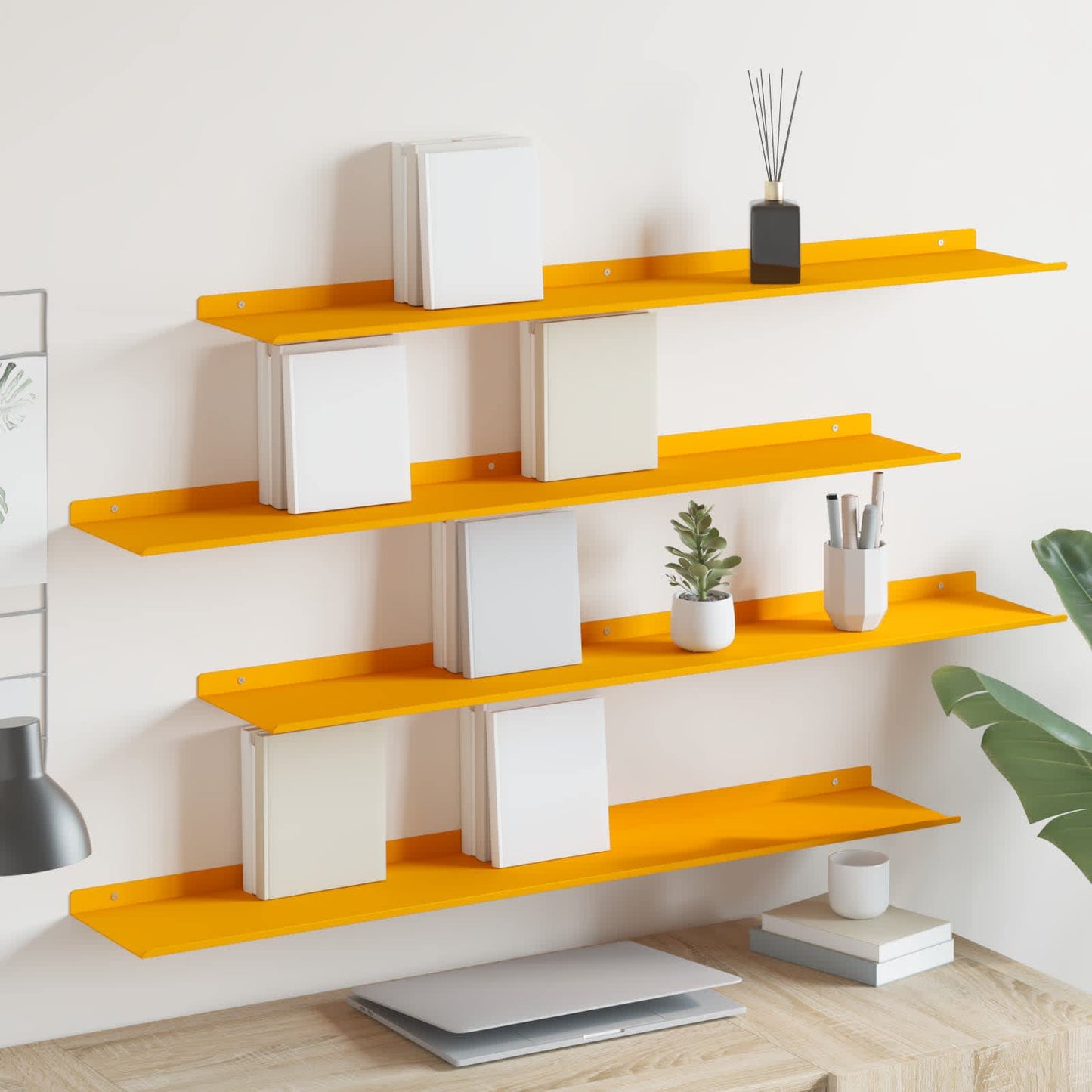 Vegghylle med hylle 4 pcs Sennepsgul 100 x 18 x 2,5 cm vidaXL
