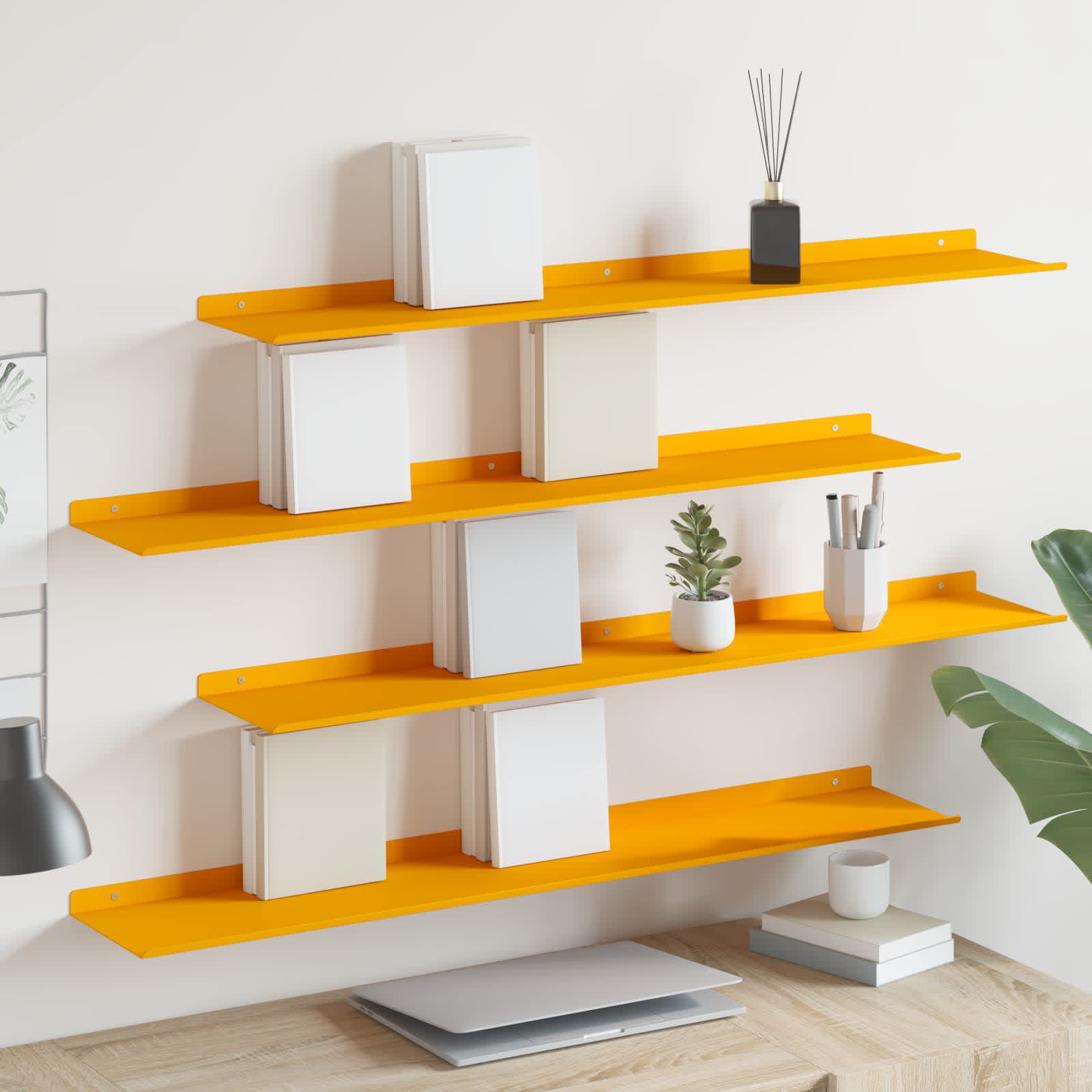 Vegghylle med hylle 4 pcs Sennepsgul 100 x 18 x 2,5 cm vidaXL
