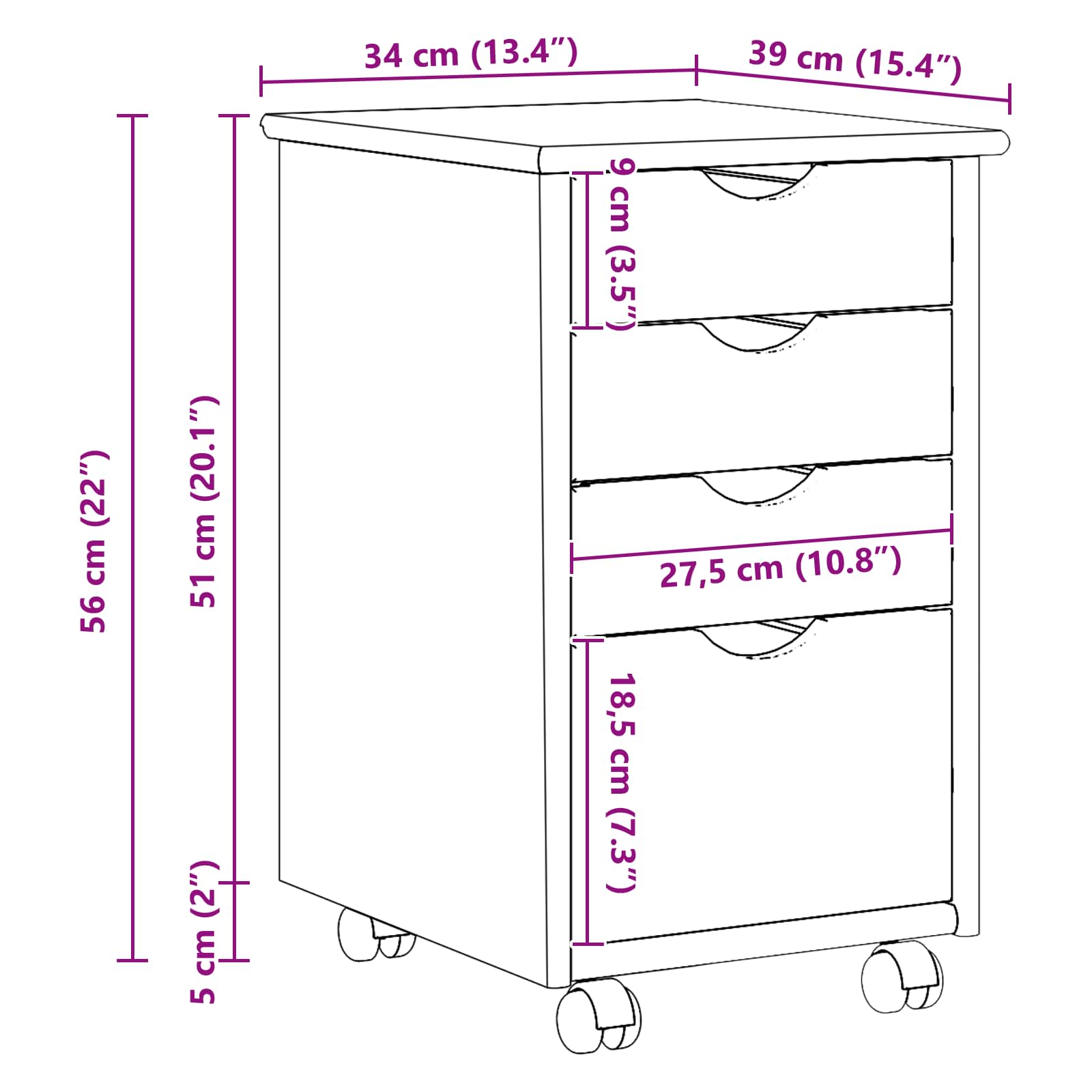 Rullende skap med hjul Hvit 34 x 39 x 56 cm Massiv furu vidaXL
