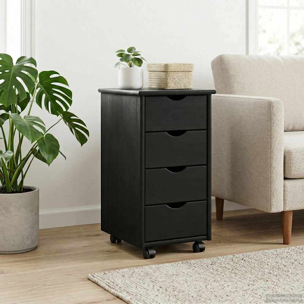 Rullende skap med hjul Svart 34 x 39 x 65,5 cm Massiv furu