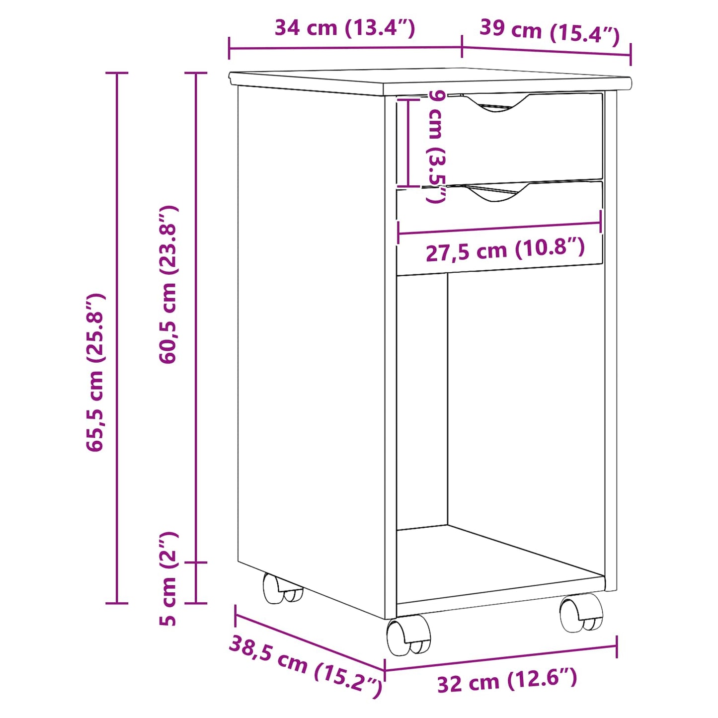 Rullende skap HonningBrun 34 x 39 x 65,5 cm Massiv furu