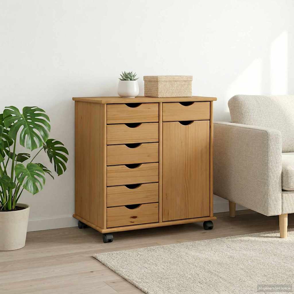 Rullende skap Honning brun 63,5 x 39 x 65,5 cm Massiv furu