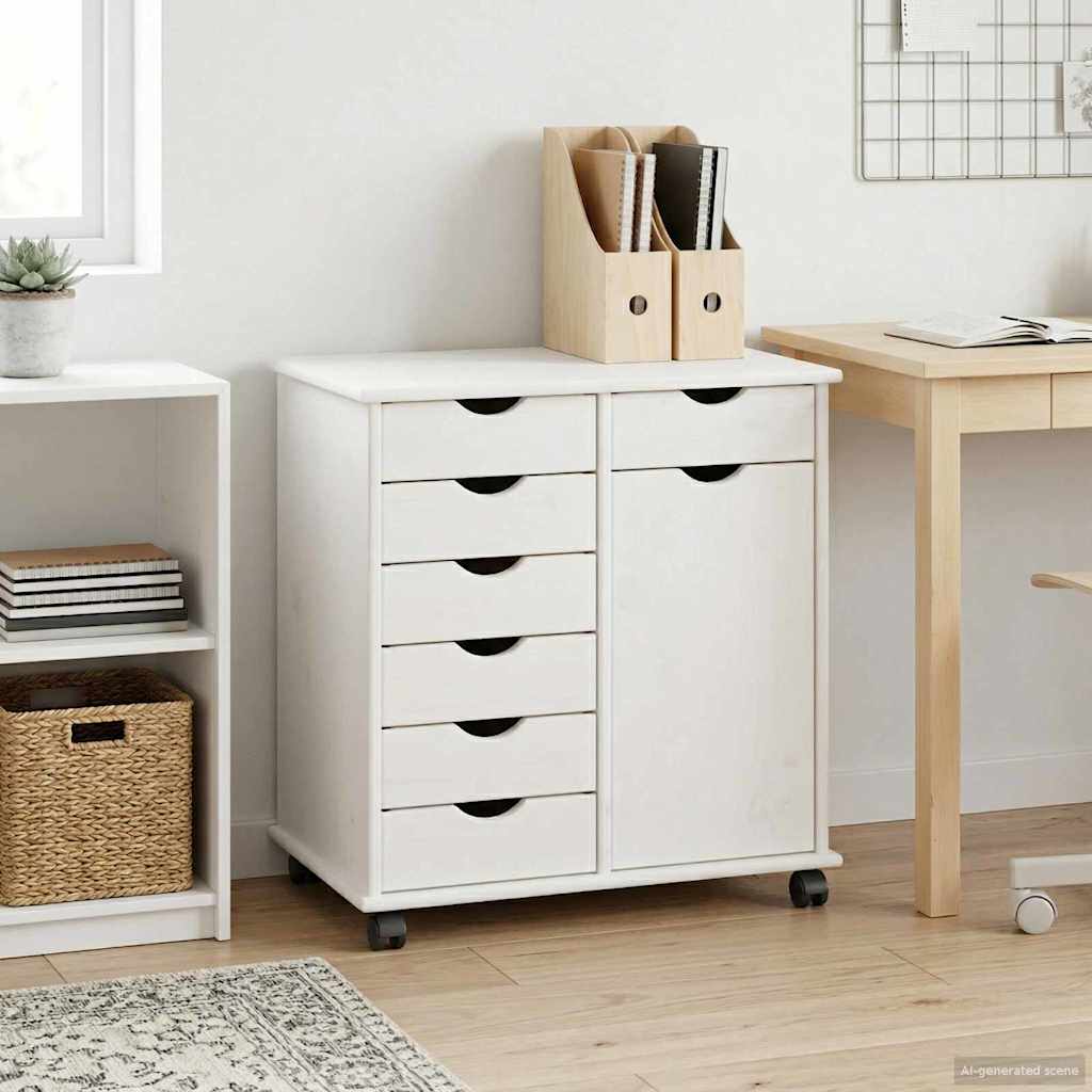 Rullende skap med hjul Hvit 63,5 x 39 x 65,5 cm Massiv furu