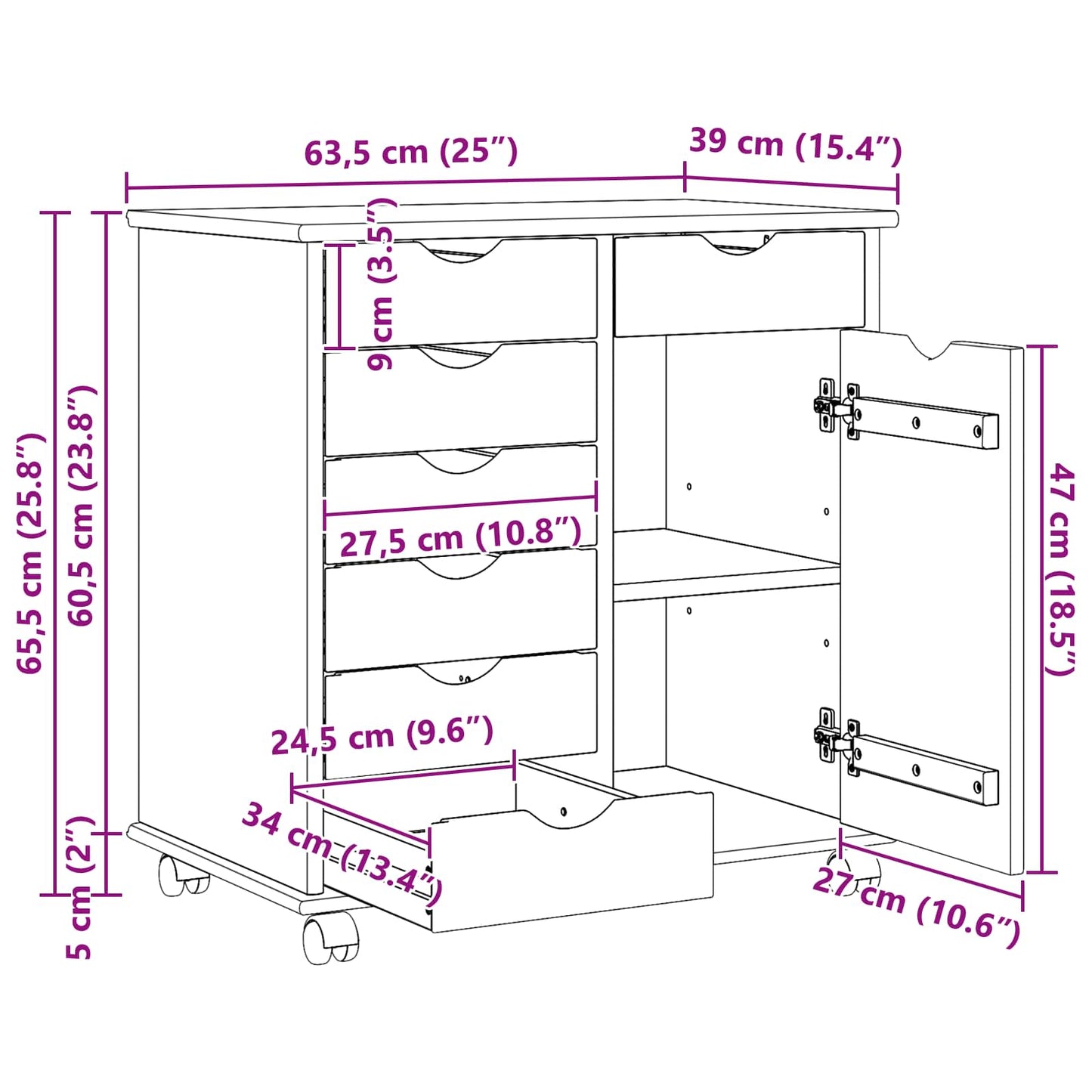Rullende skap med hjul Hvit 63,5 x 39 x 65,5 cm Massiv furu