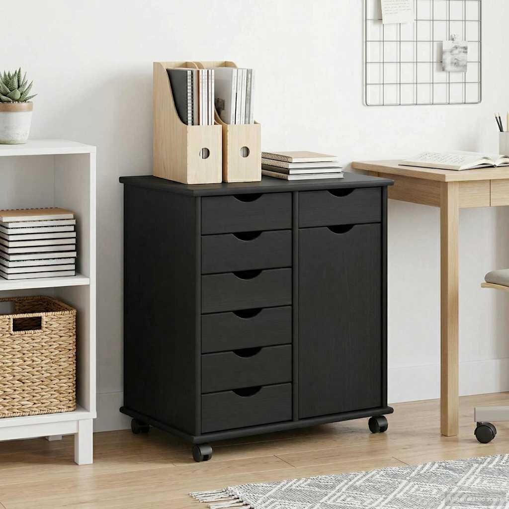 Rullende skap med hjul Svart 63,5 x 39 x 65,5 cm Massiv furu