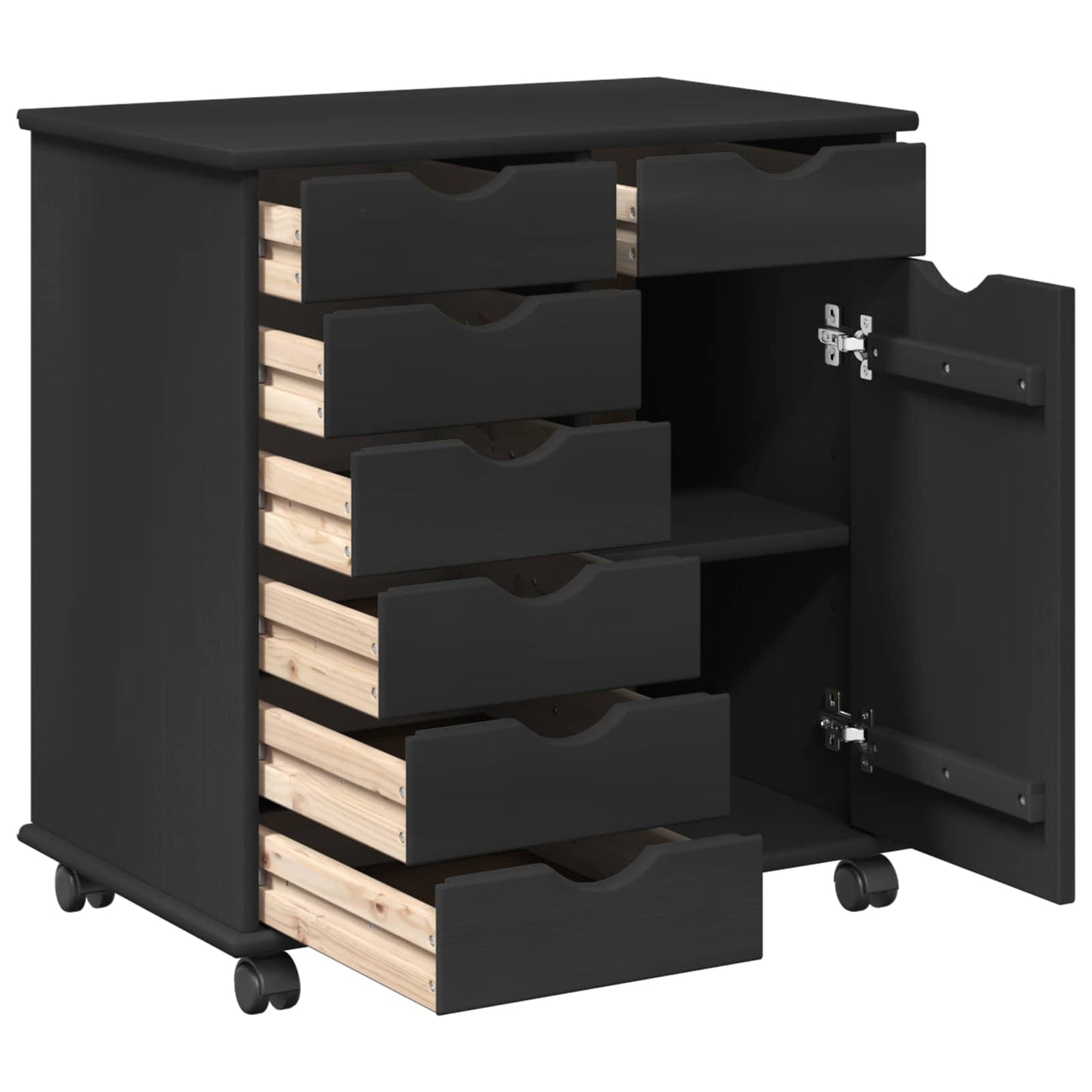 Rullende skap med hjul Svart 63,5 x 39 x 65,5 cm Massiv furu