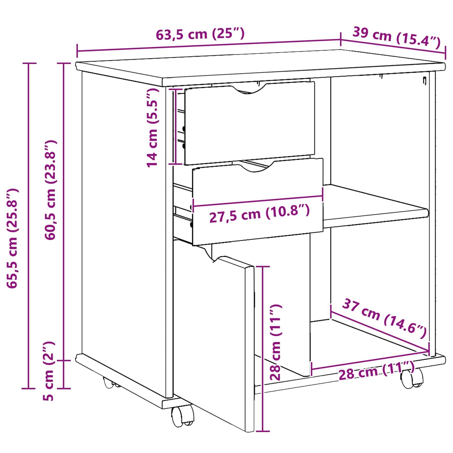 Rullende skap med hjul Grå 63,5 x 39 x 65,5 cm Massiv furu vidaXL
