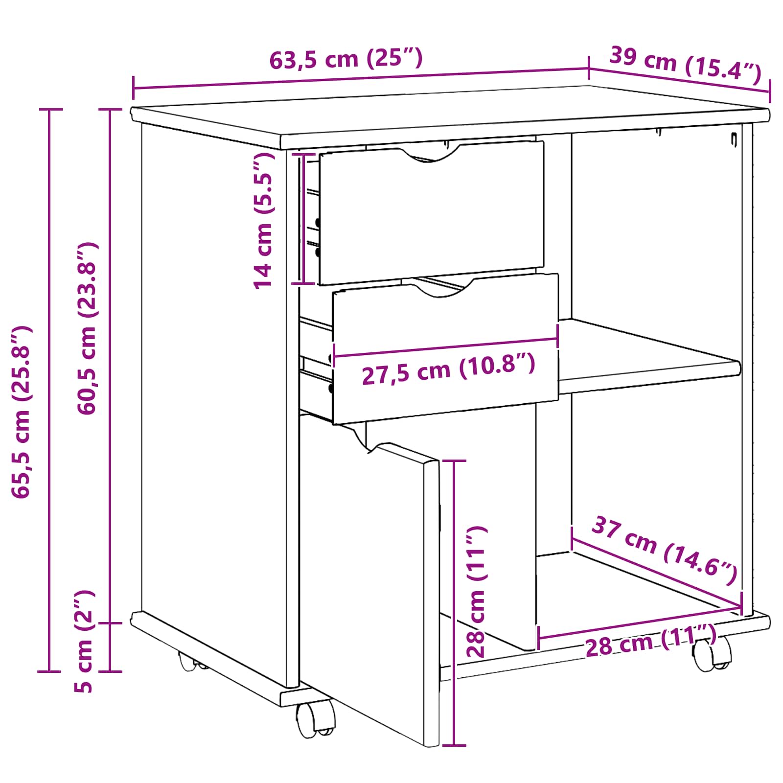 Rullende skap med hjul Svart 63,5 x 39 x 65,5 cm Massiv furu vidaXL