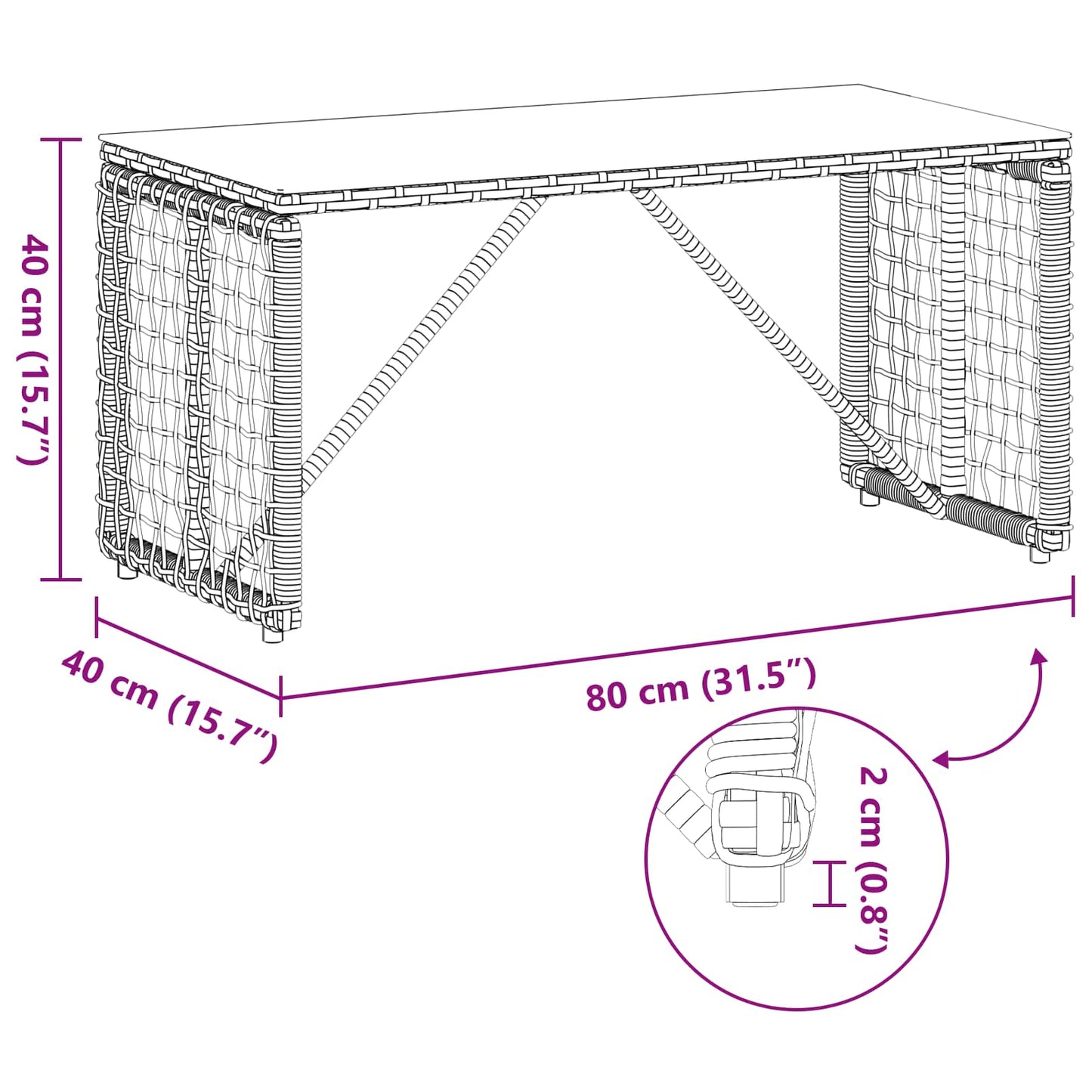 Utebord Svart 80 x 40 x 40 cm PE Rattan og Glass vidaXL