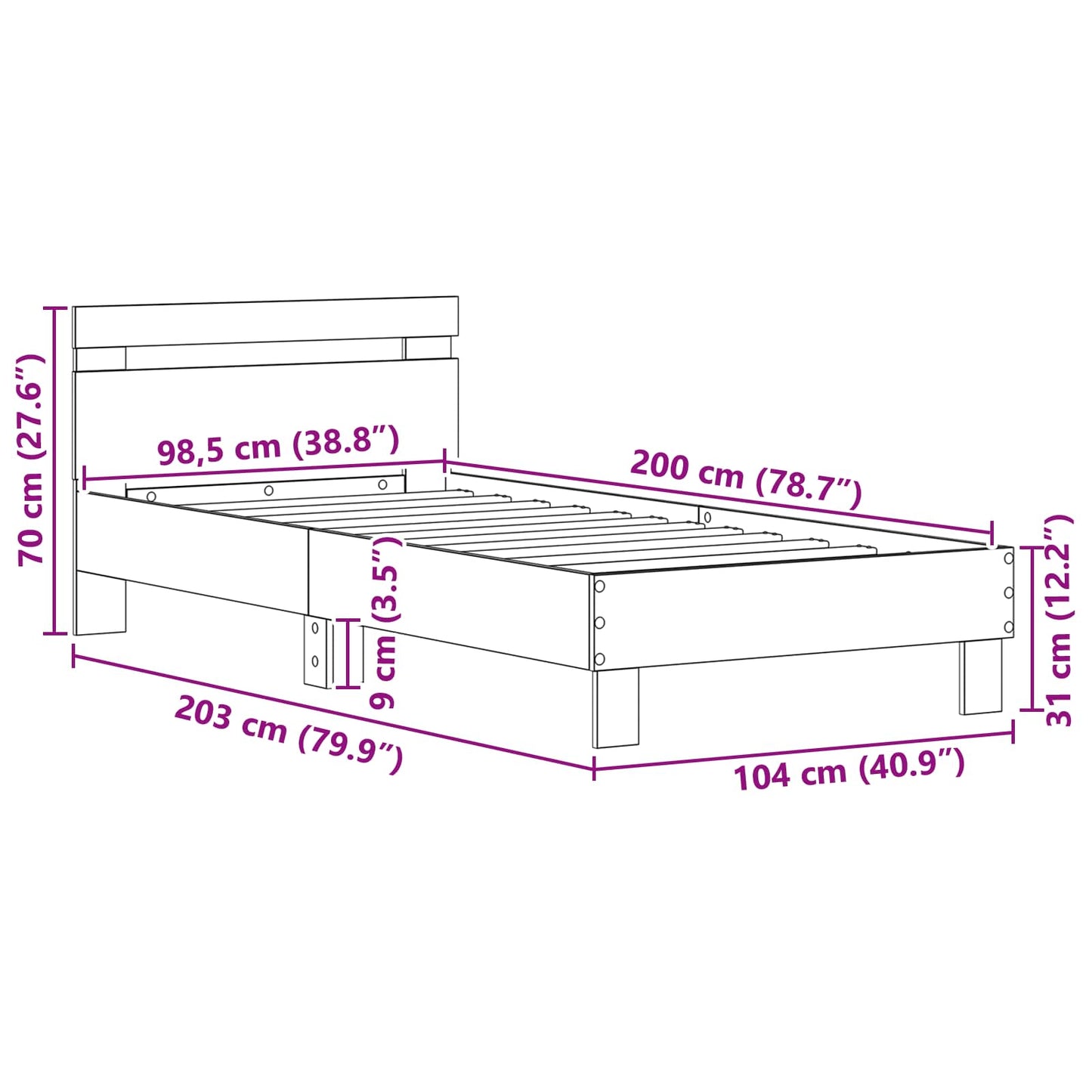 Sengestamme Svart Eik 98.5 x 200 cm Konstruert tre vidaXL
