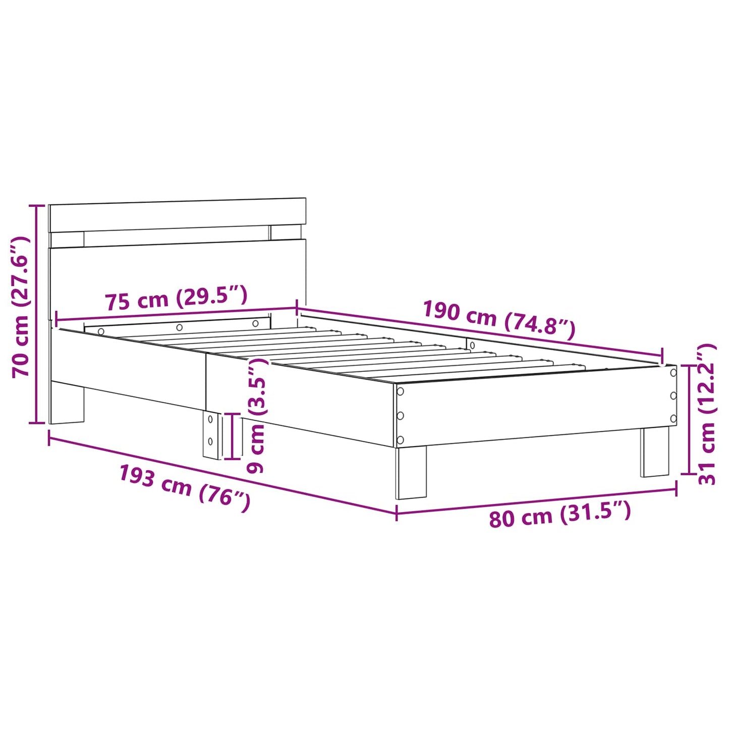 Sengestamme Svart Eik 75 x 190 cm Konstruert tre