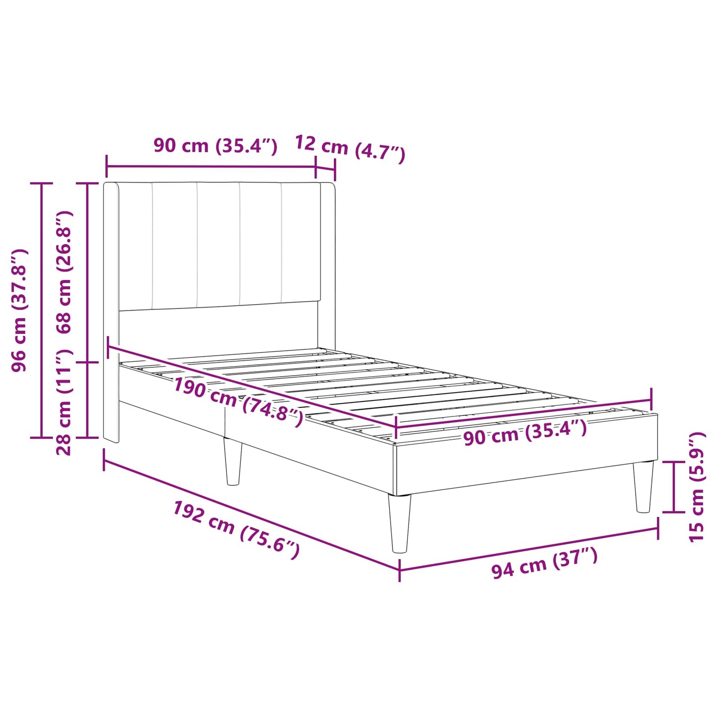 Sengestamme med hodegjerde Svart 90 x 190 cm Fløyel