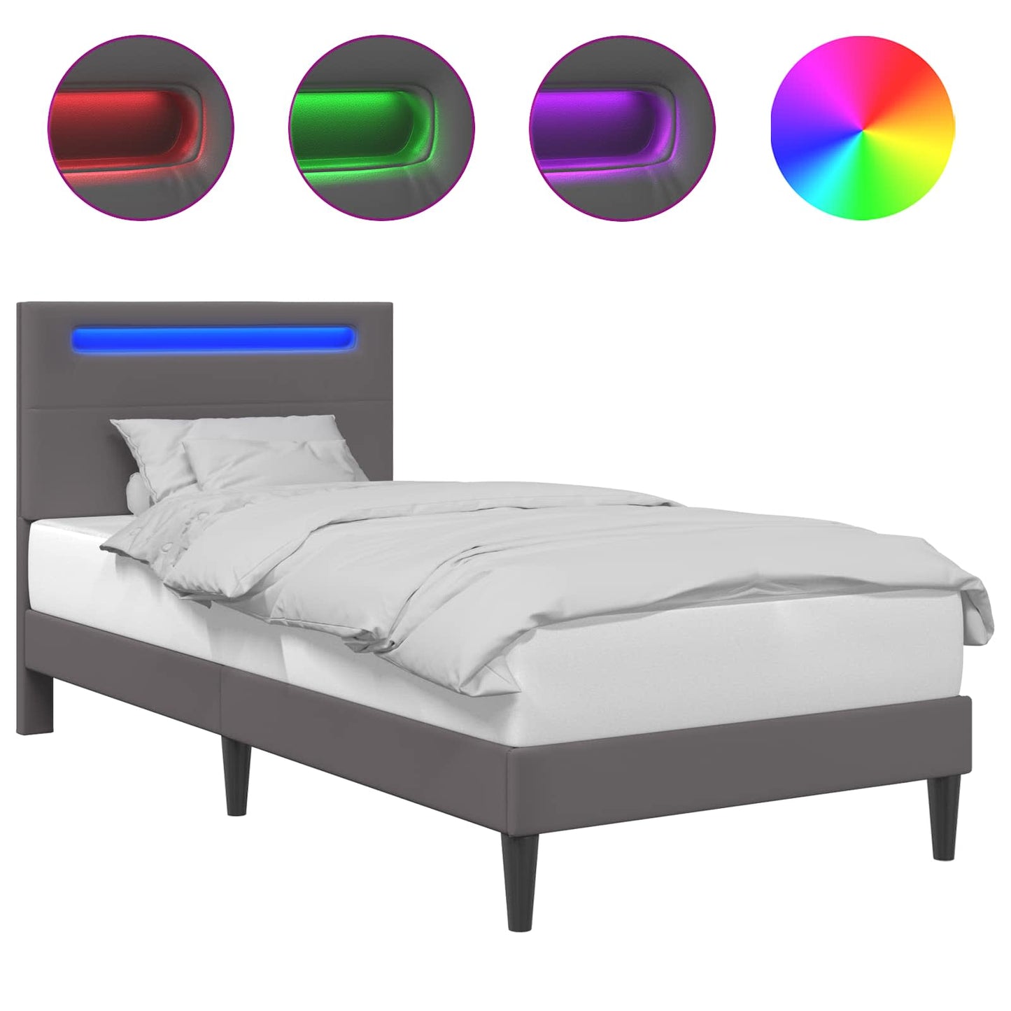 Sengestamme med LED-lysstrimler Grå 90 x 190 cm Kunstlær