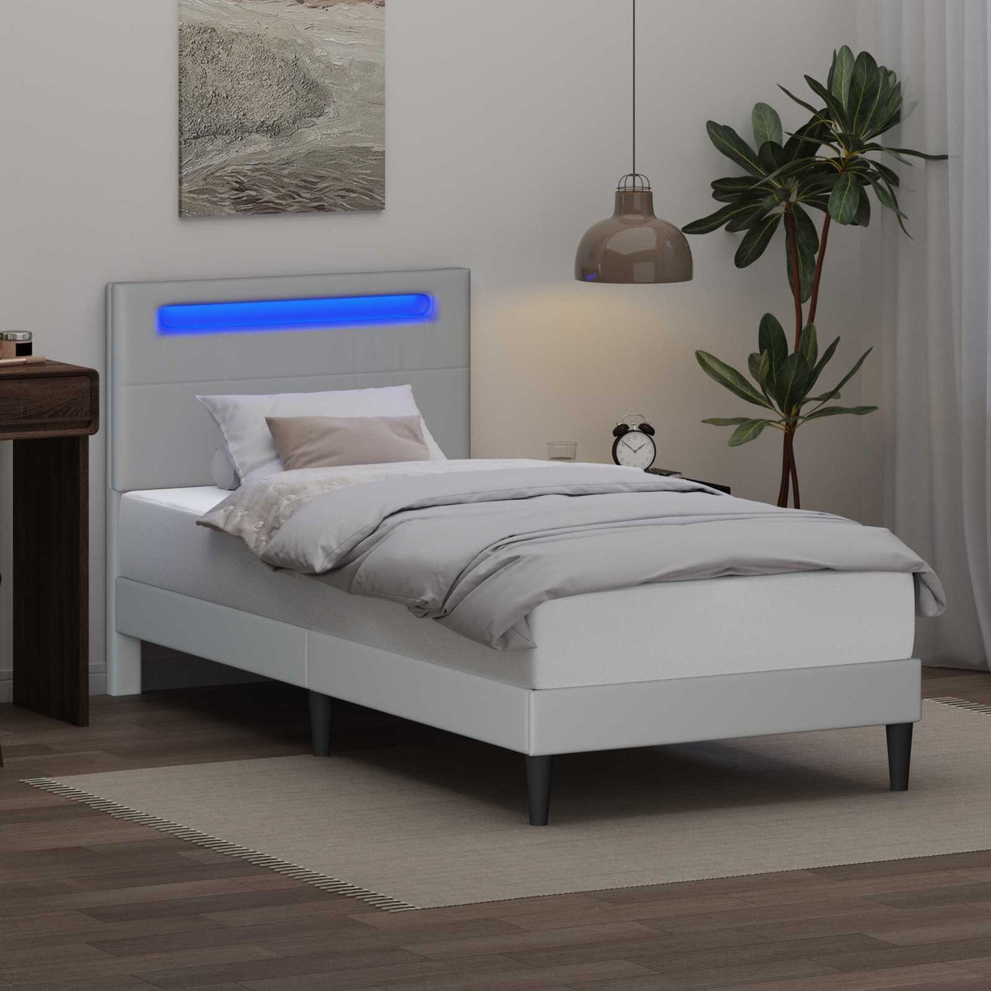 Sengestamme med LED-lysstrimler Hvit 90 x 190 cm Kunstlær