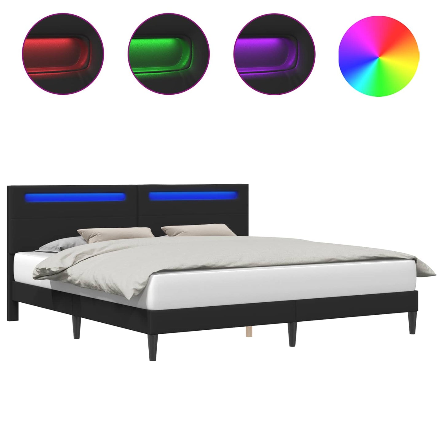 Sengestamme med LED-lysstrimler Svart 180 x 200 cm Kunstlær