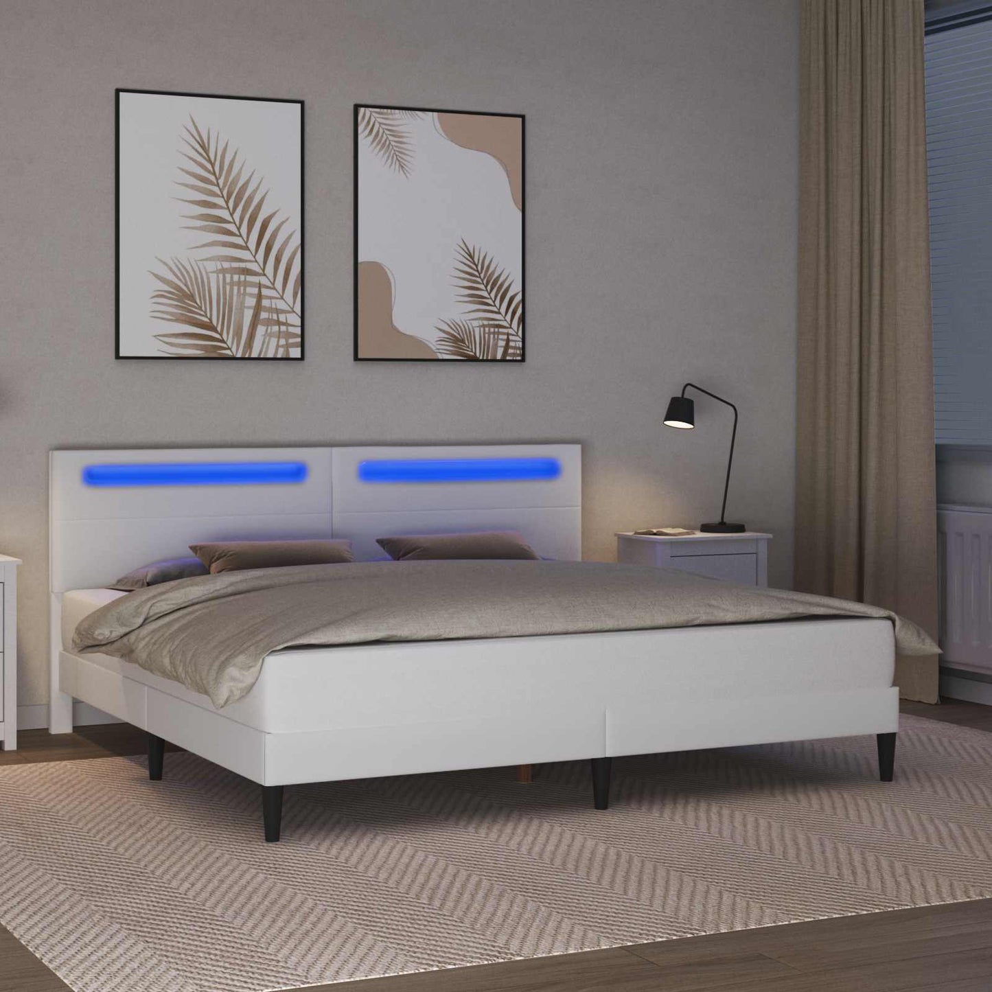 Sengestamme med LED-lysstrimler Hvit 180 x 200 cm Kunstlær