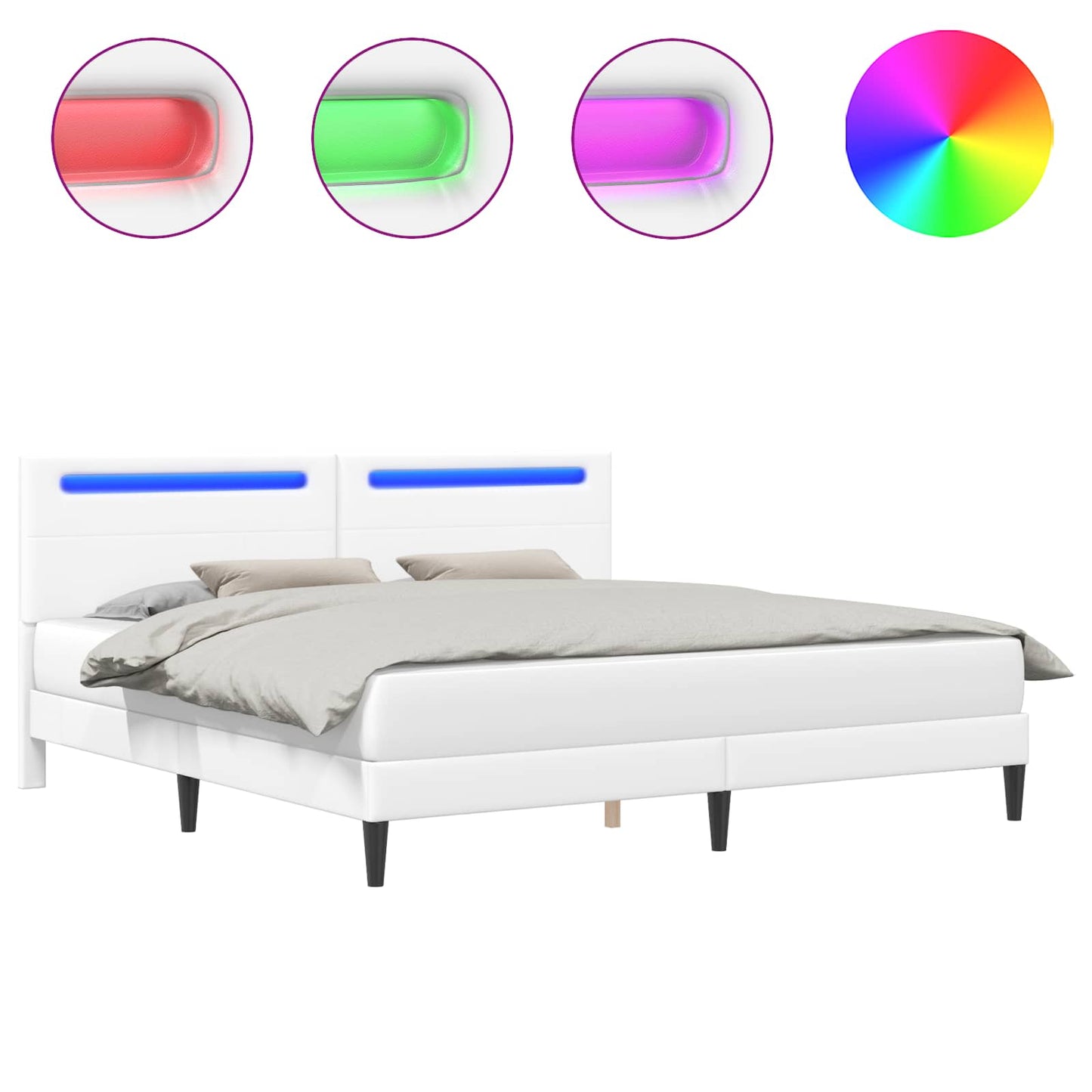 Sengestamme med LED-lysstrimler Hvit 180 x 200 cm Kunstlær