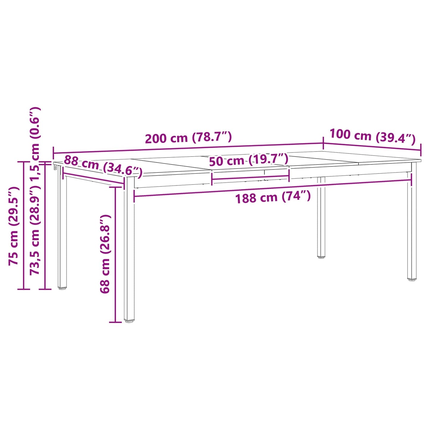 Spisebord Hvit 200 x 100 x 75 cm Massiv furu