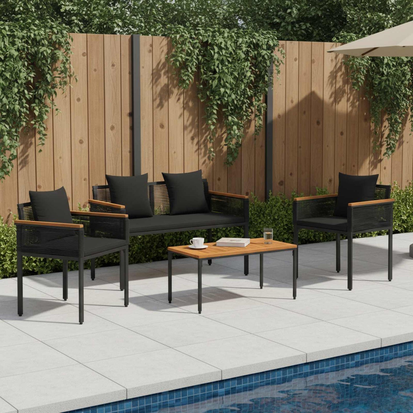Utemøbelsett med pute 4 pcs Svart polyrotting