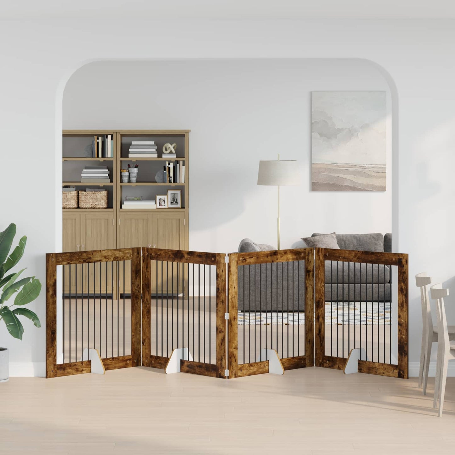 Foldbar hundegitter med stativer 4 pcs Røkt Eik 401 cm