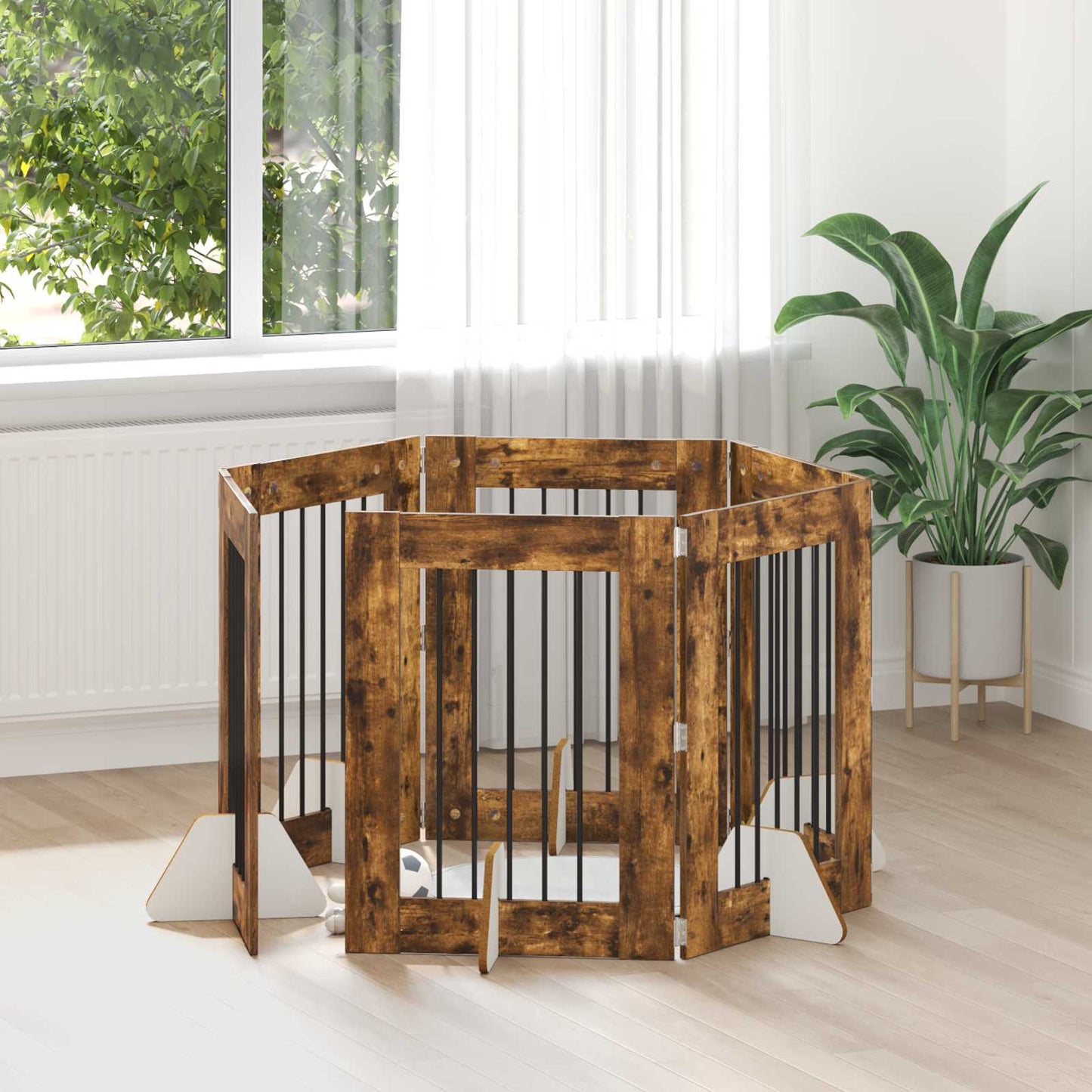 Foldbar hundegitter med stativer 6 pcs Røkt Eik 362 cm
