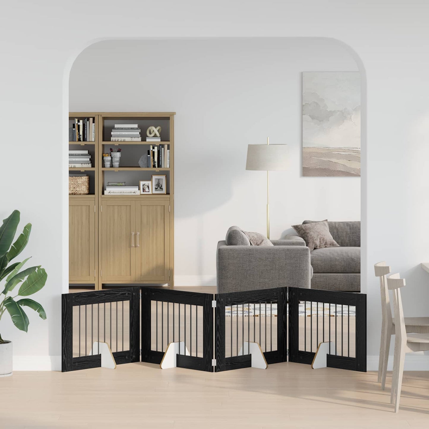 Foldbar hundegitter med stativer 4 pcs Svart eik 321 cm