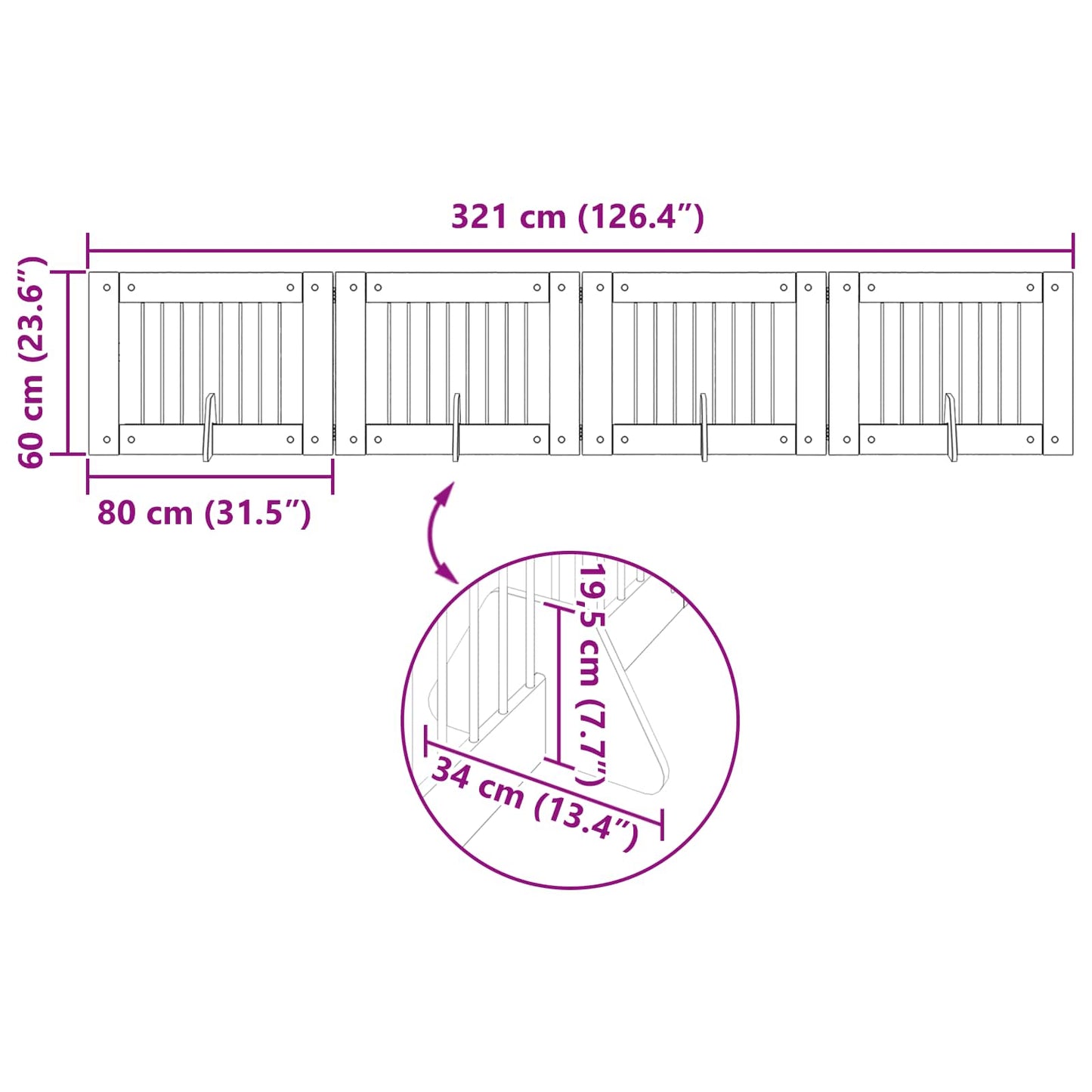 Foldbar hundegitter med stativer 4 pcs Gammelt tre 321 cm