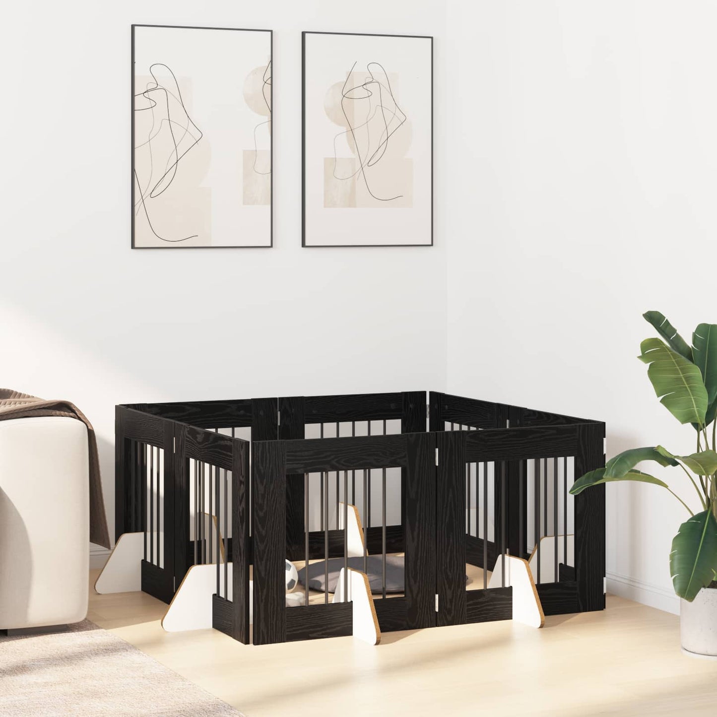 Foldbar hundegitter med stativer 8 pcs Svart eik 60 cm