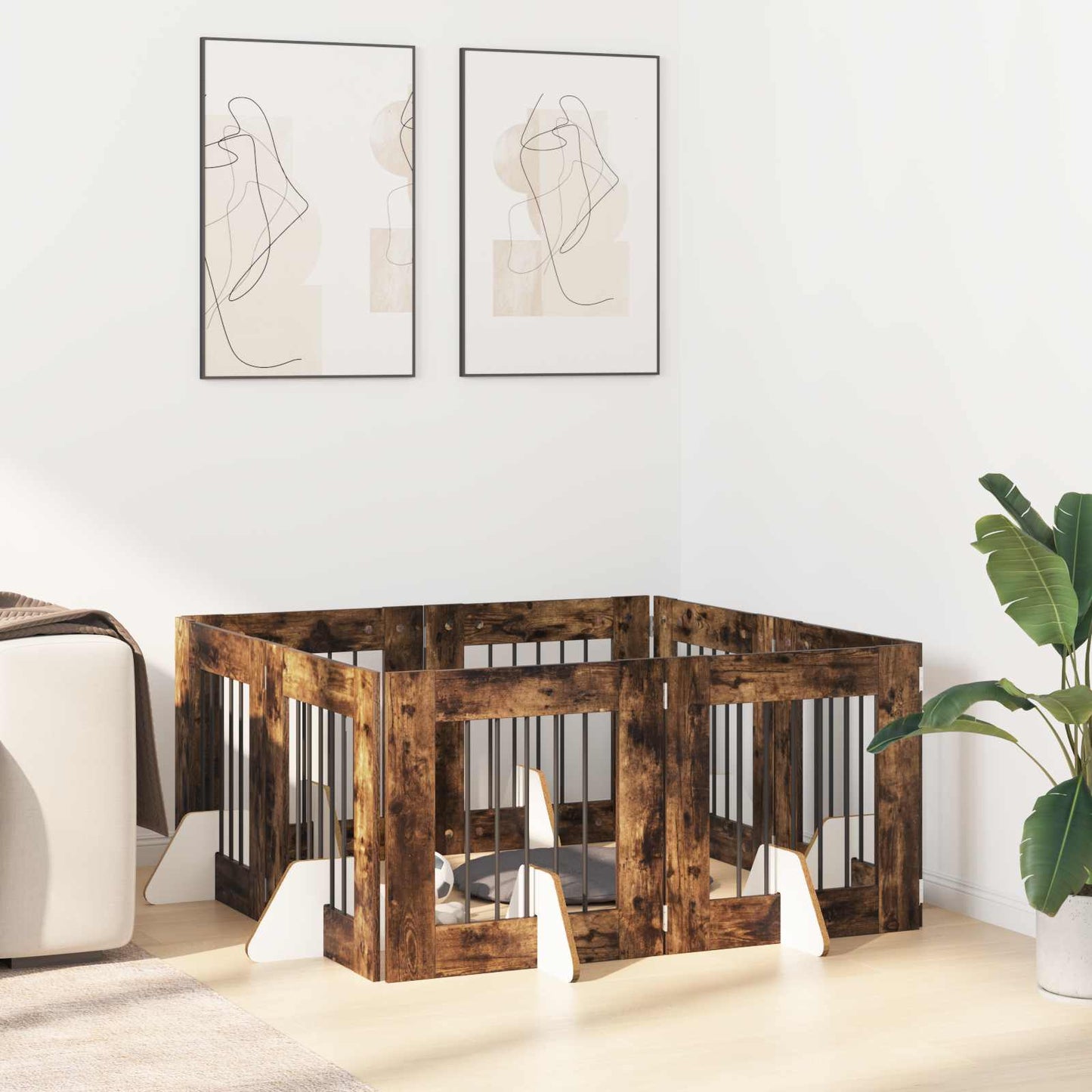 Foldbar hundegitter med stativer 8 pcs Røkt Eik 60 cm