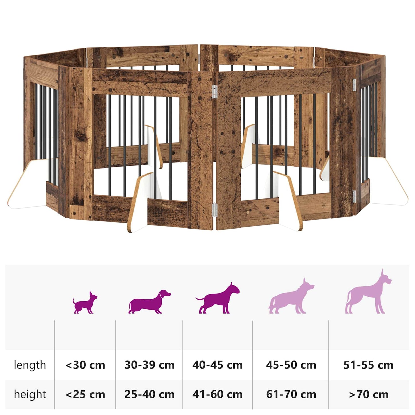 Foldbar hundegitter med stativer 8 pcs Gammelt tre 60 cm