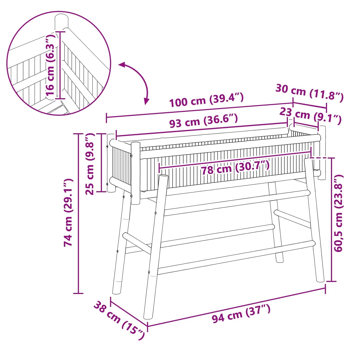 Hagepotte med holder Naturlig 100 x 38 x 74 cm Bambus vidaXL