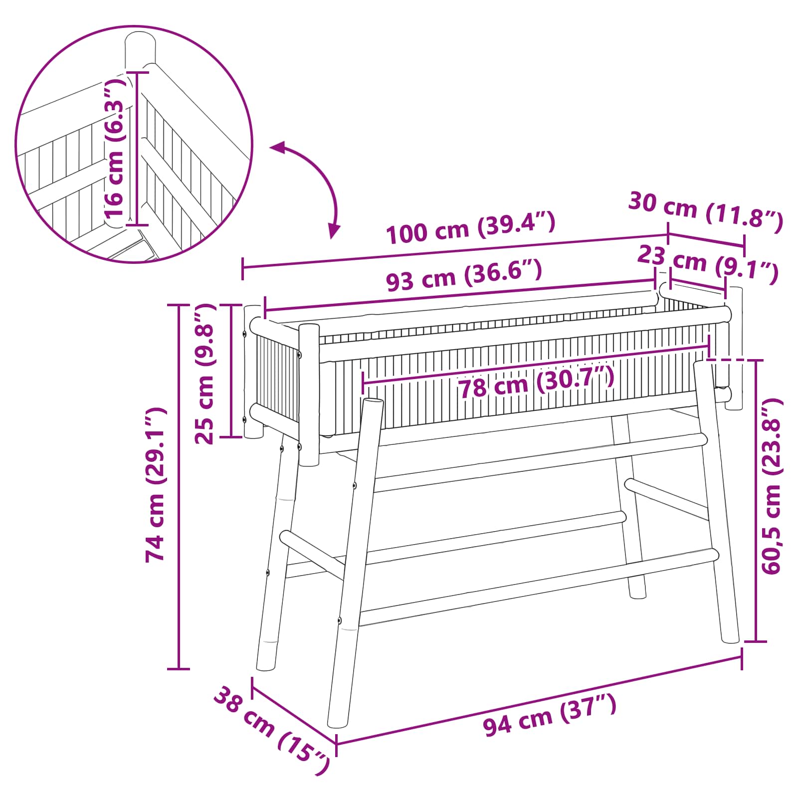 Hagepotte med holder Naturlig 100 x 38 x 74 cm Bambus vidaXL