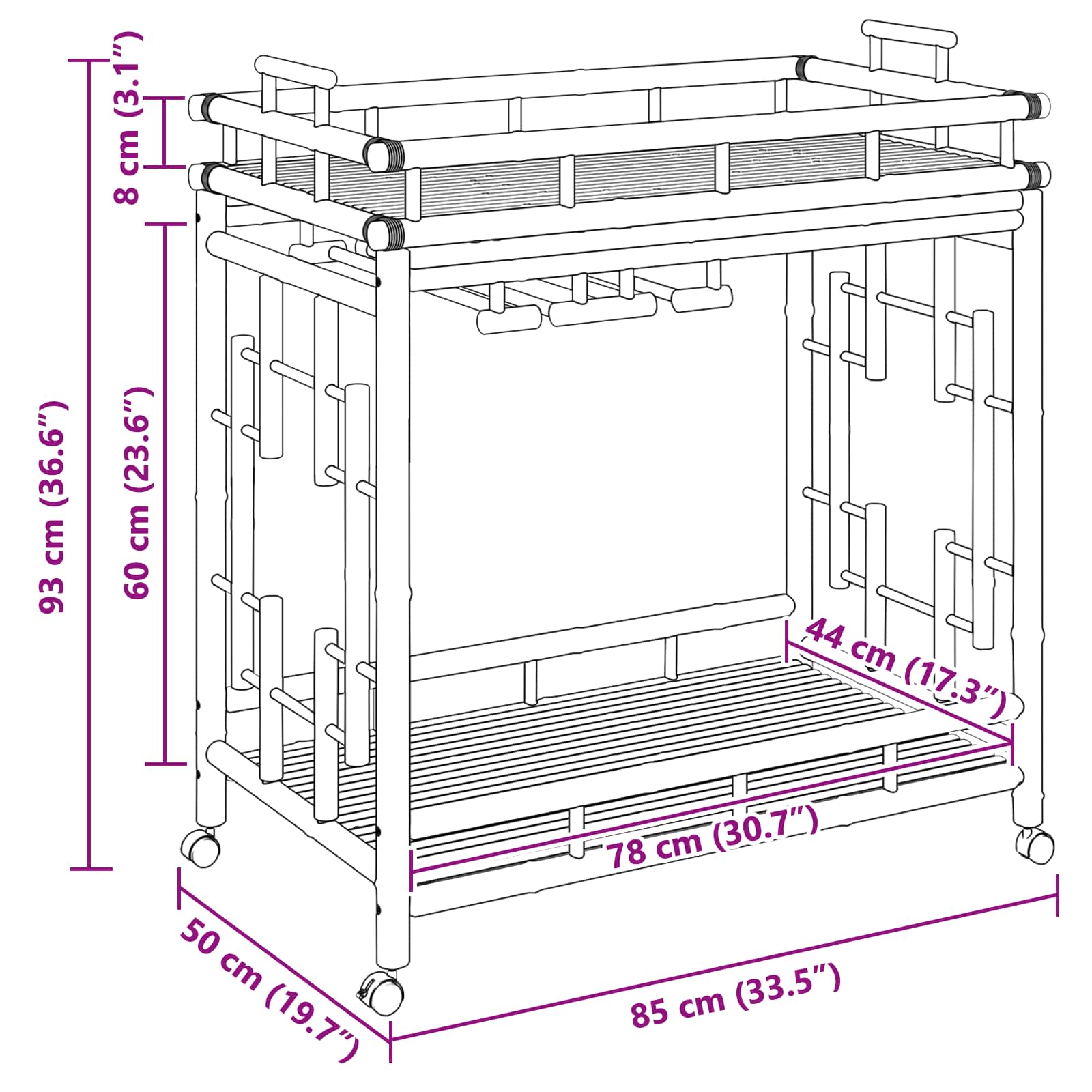 Vinstrolley med hjul Naturlig 85 x 50 x 93 cm Bambus vidaXL