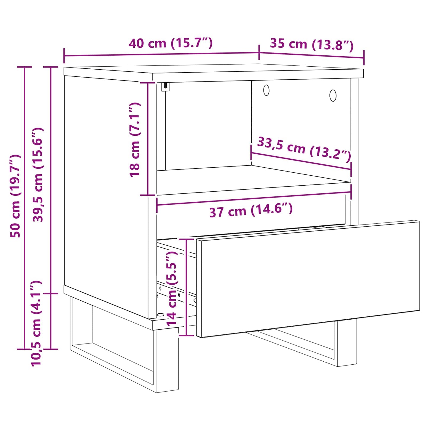 Sengeskap med skuff Svart Eik 40 x 35 x 50 cm Konstruert tre