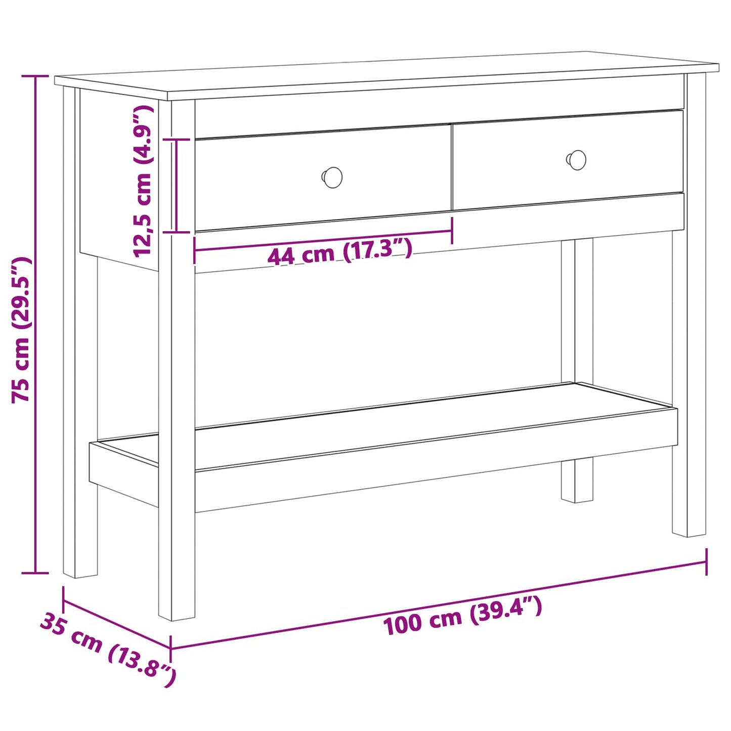 Konsollbord med skuff Vokset Brun 100 x 35 x 75 cm Massiv furu