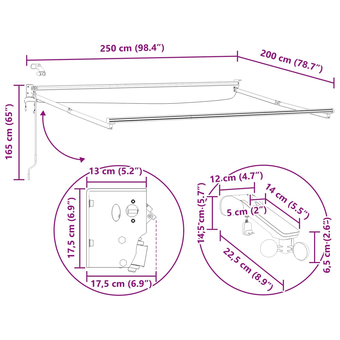 Elektrisk uttrekkbar markiseramme Antrasitt 2,5 x 2 m Aluminium
