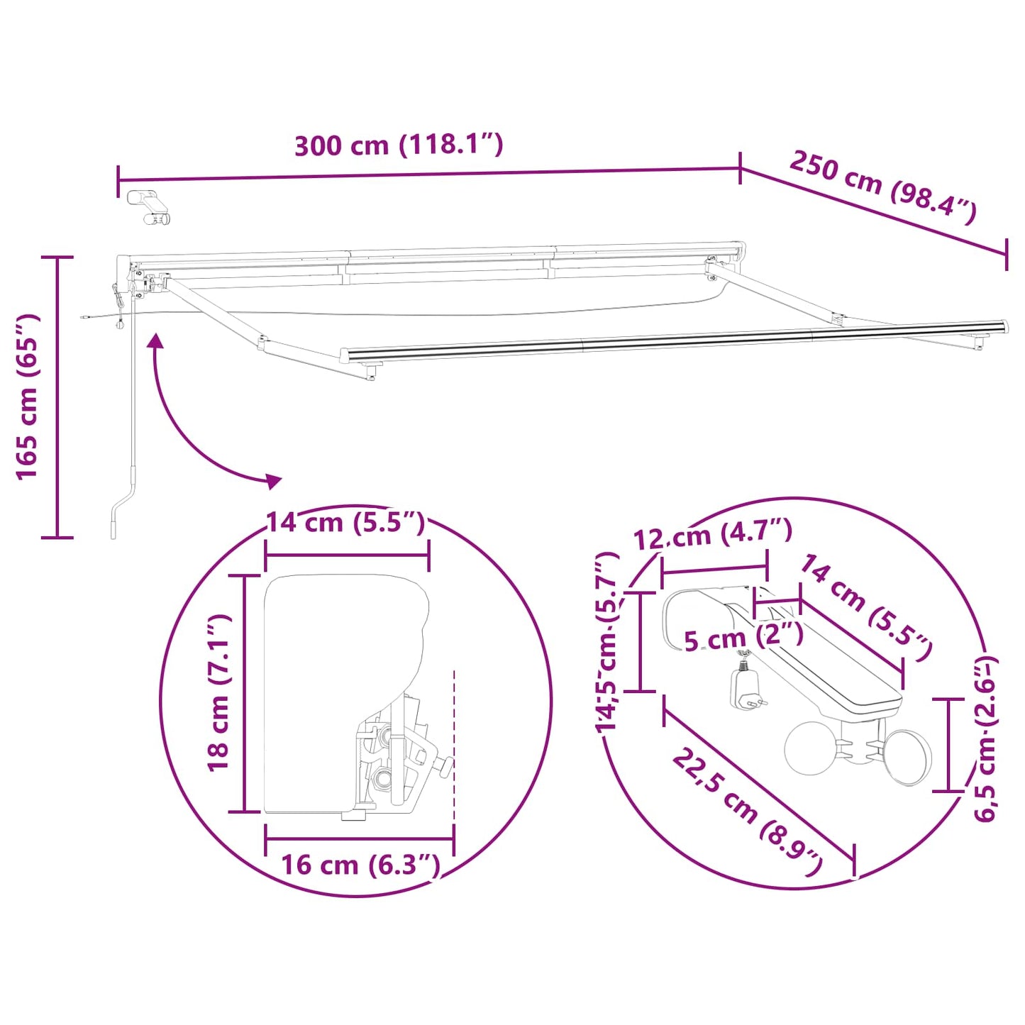 Elektrisk markisedukke med LED Antrasitt 3 x 2,5 m Aluminium