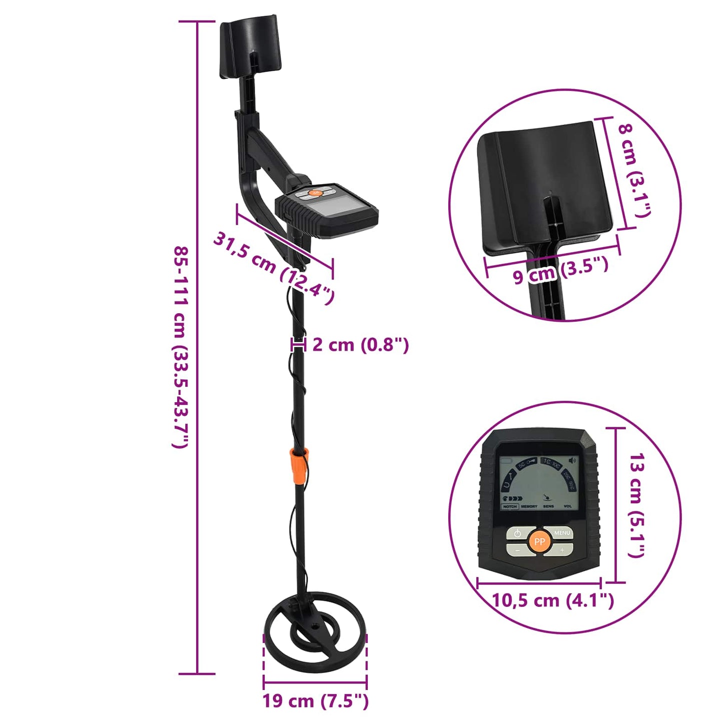 Metallsøker med LCD-skjerm 3 modeller 19 cm spole Svart