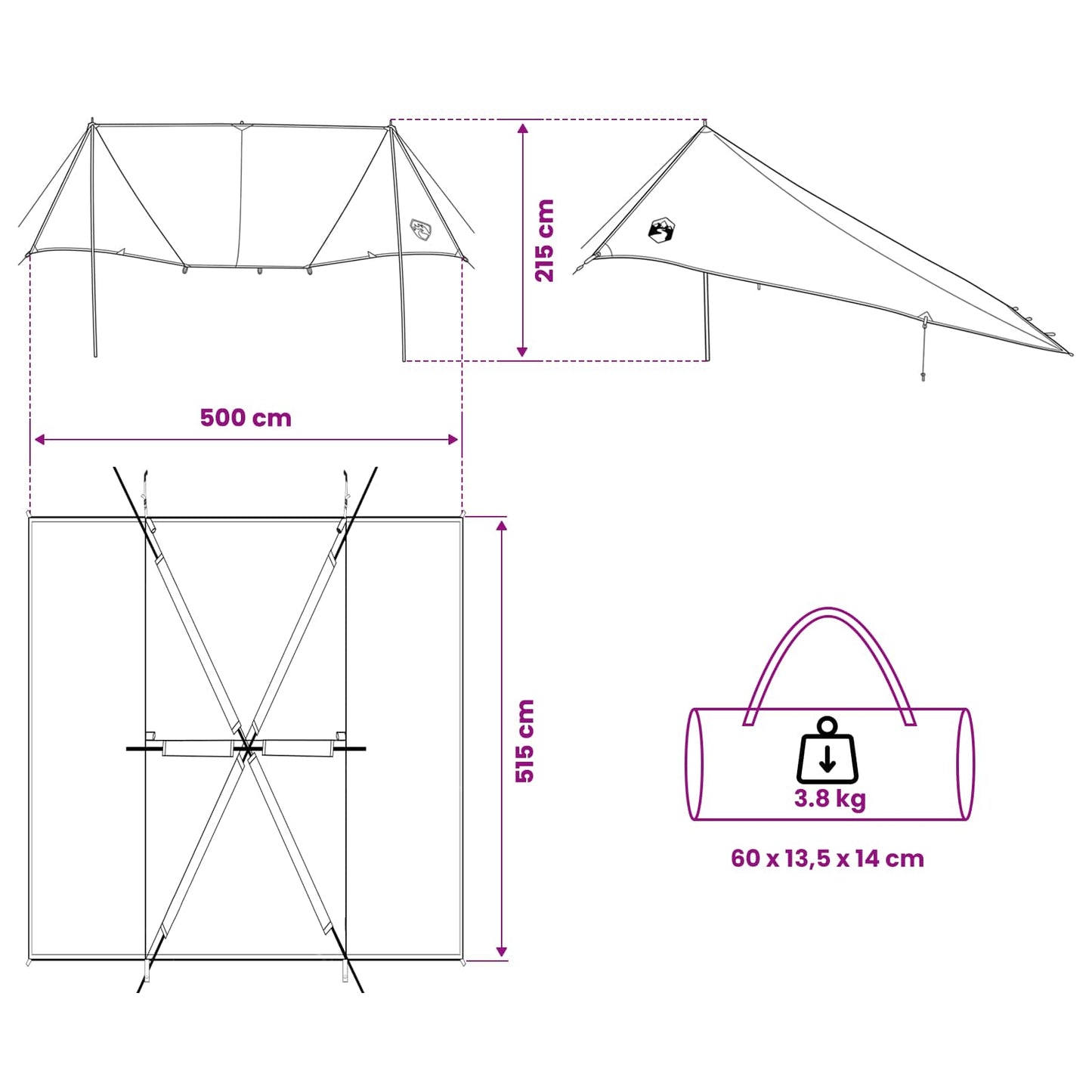 Bilmarkise med tak Grønn 518 x 580 x 215 cm Polyester og stål