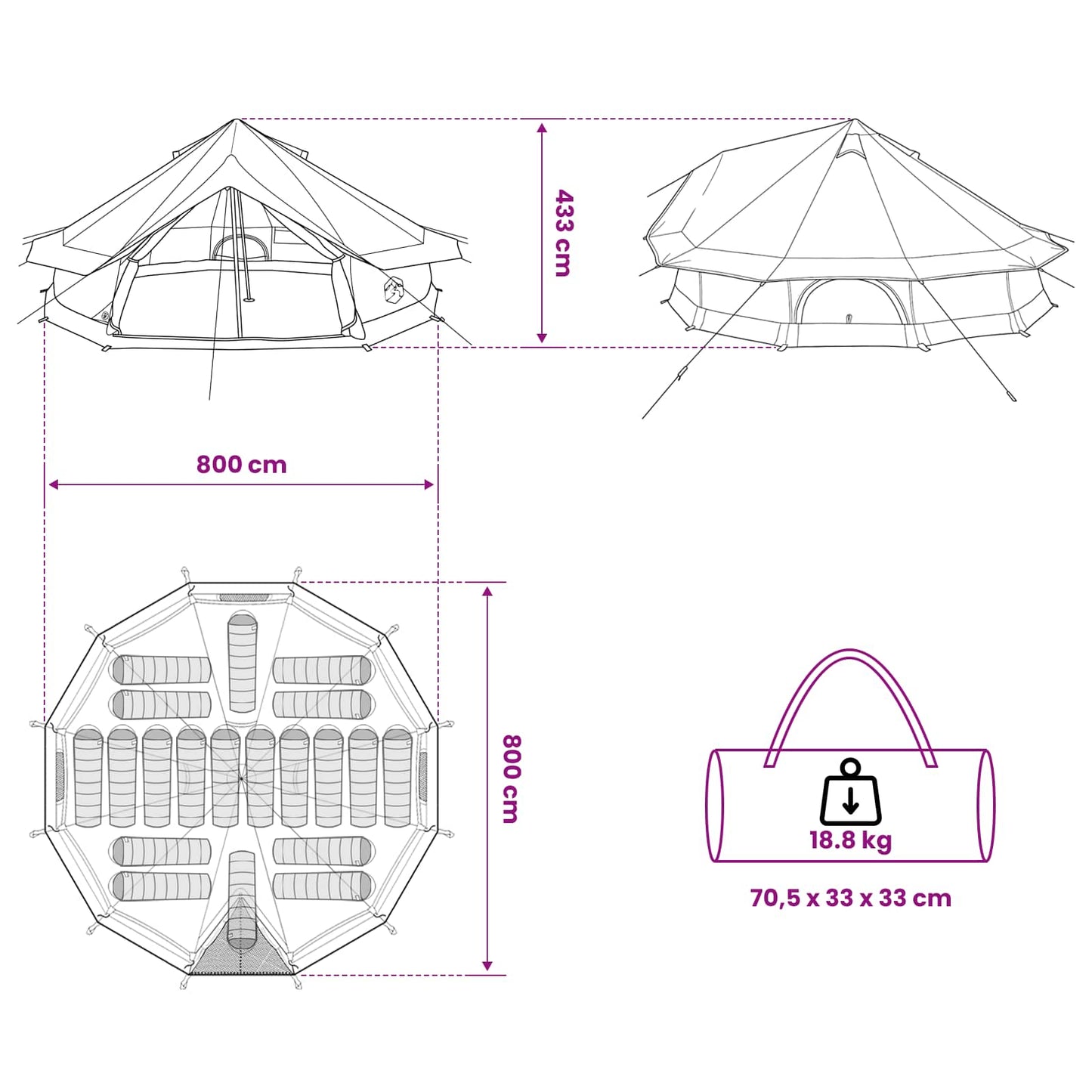 Tipi telt med tak Blå 800 x 800 x 430 cm Polyester og stål